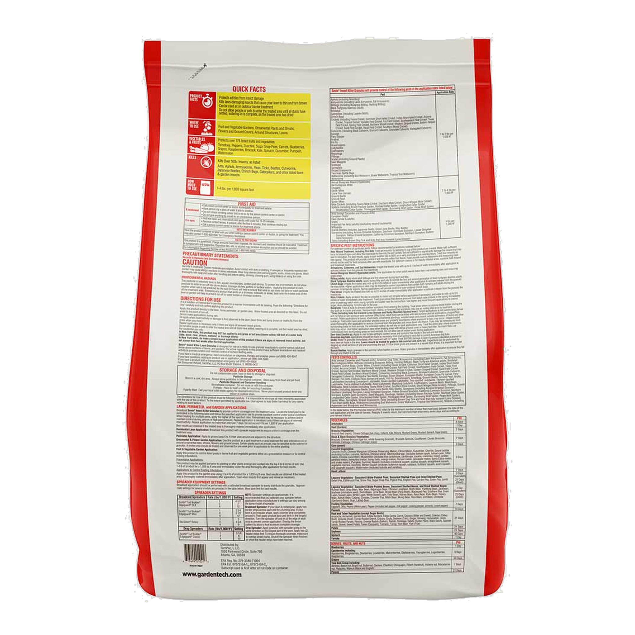 Back label of Sevin Insect Killer Lawn Granules 20 lb bag with directions and pest list