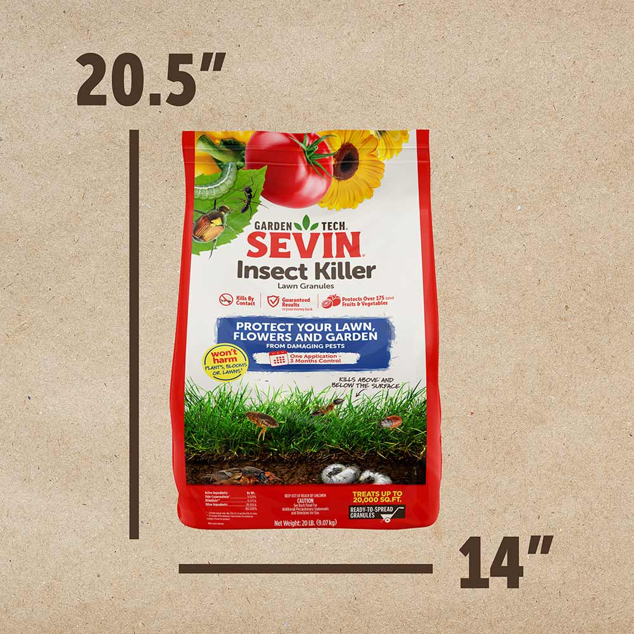 Sevin Insect Killer Lawn Granules 20 lb bag measures 20.5 inches tall by 14 inches wide