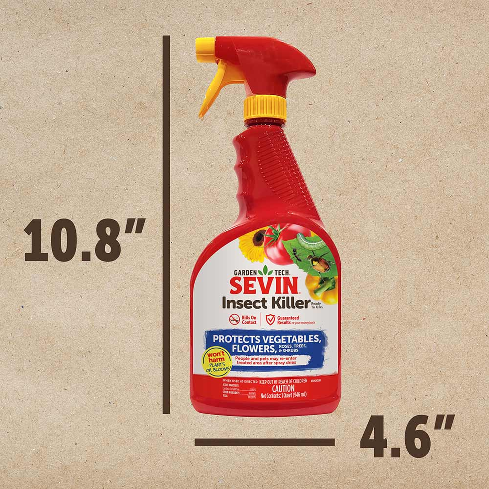 Sevin Ready-to-Use trigger spray bottle measures 10.8 inches tall by 4.6 inches wide