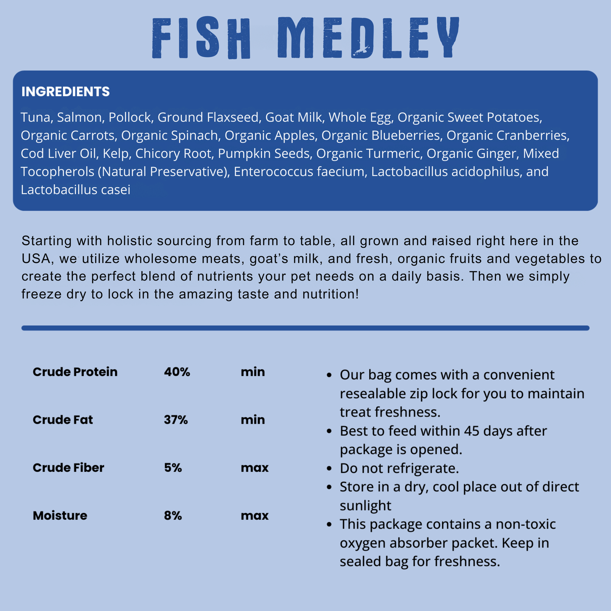 Fish Medley Recipe ingredients list, guaranteed analysis, and storage tips