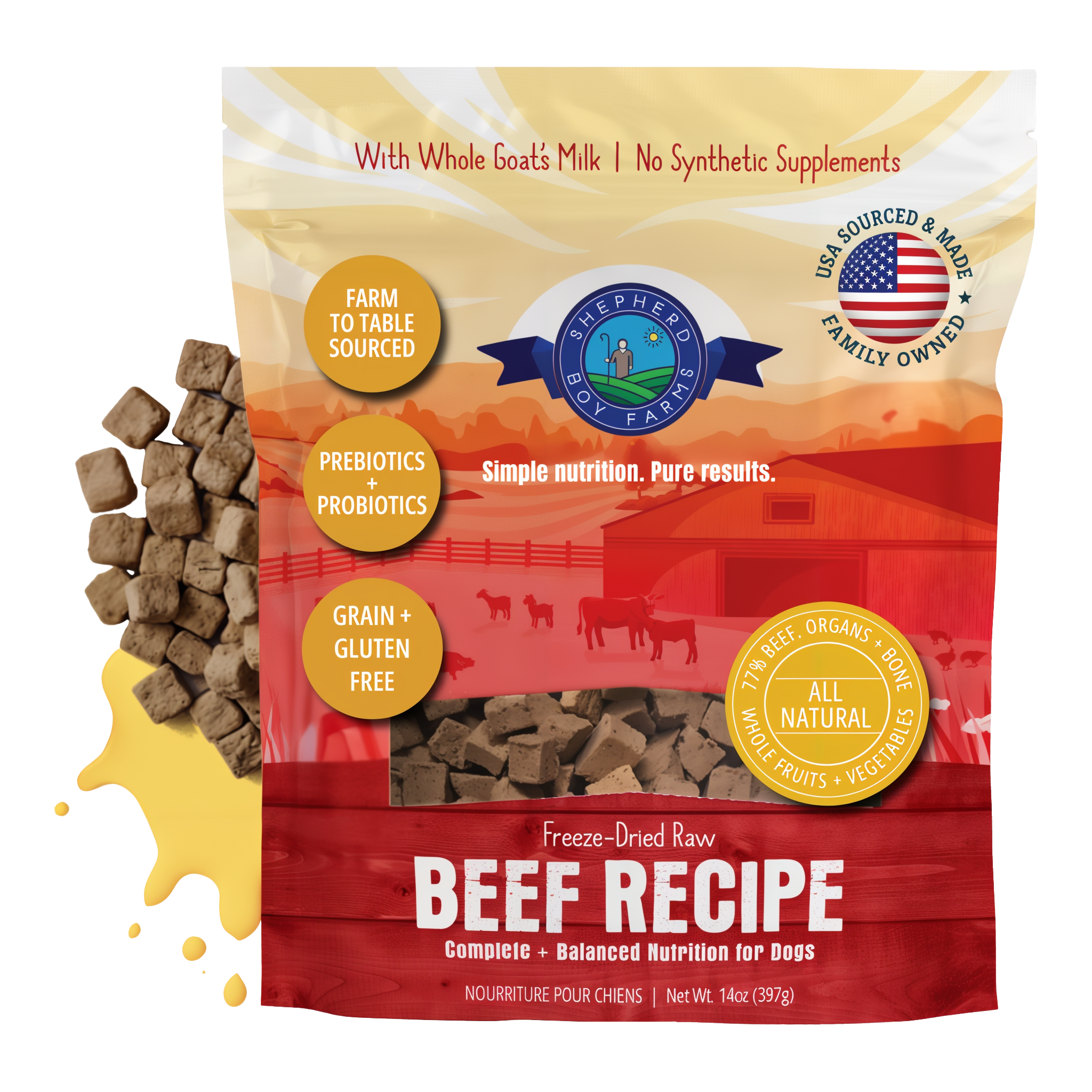Shepherd Boy Farms Freeze-Dried Raw Beef Recipe Dog Food 14 oz bag with freeze-dried nuggets