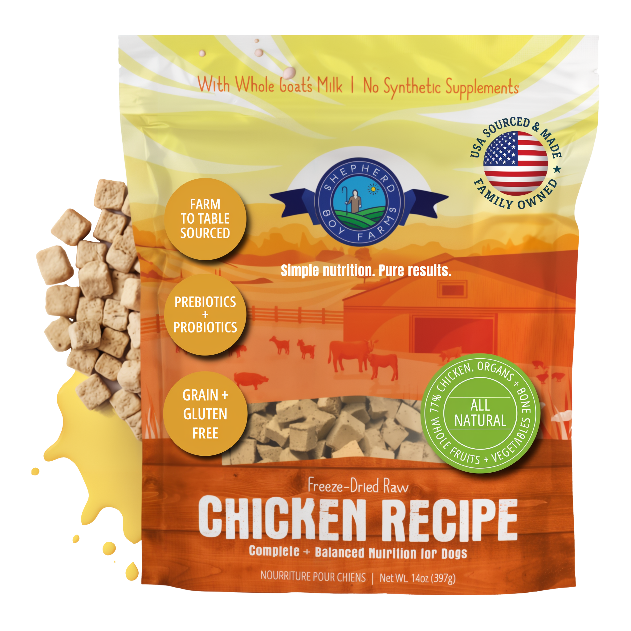 Shepherd Boy Farms Freeze-Dried Raw Chicken Recipe Dog Food 14 oz bag with freeze-dried nuggets