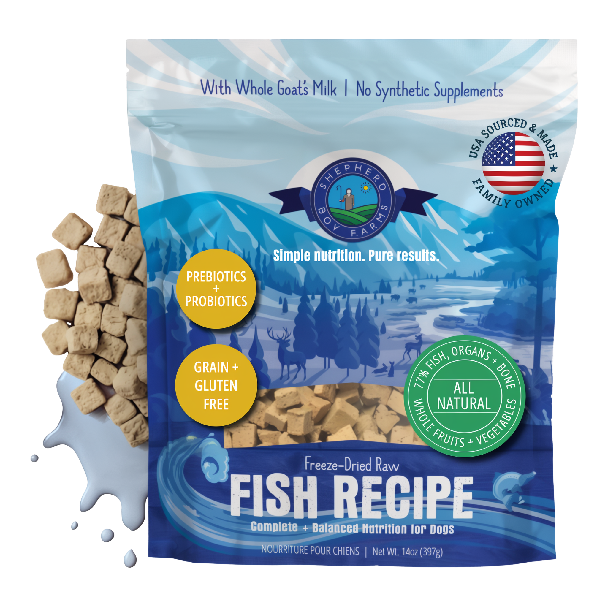 Shepherd Boy Farms Freeze-Dried Raw Fish Medley Recipe Dog Food 14 oz bag with freeze-dried nuggets