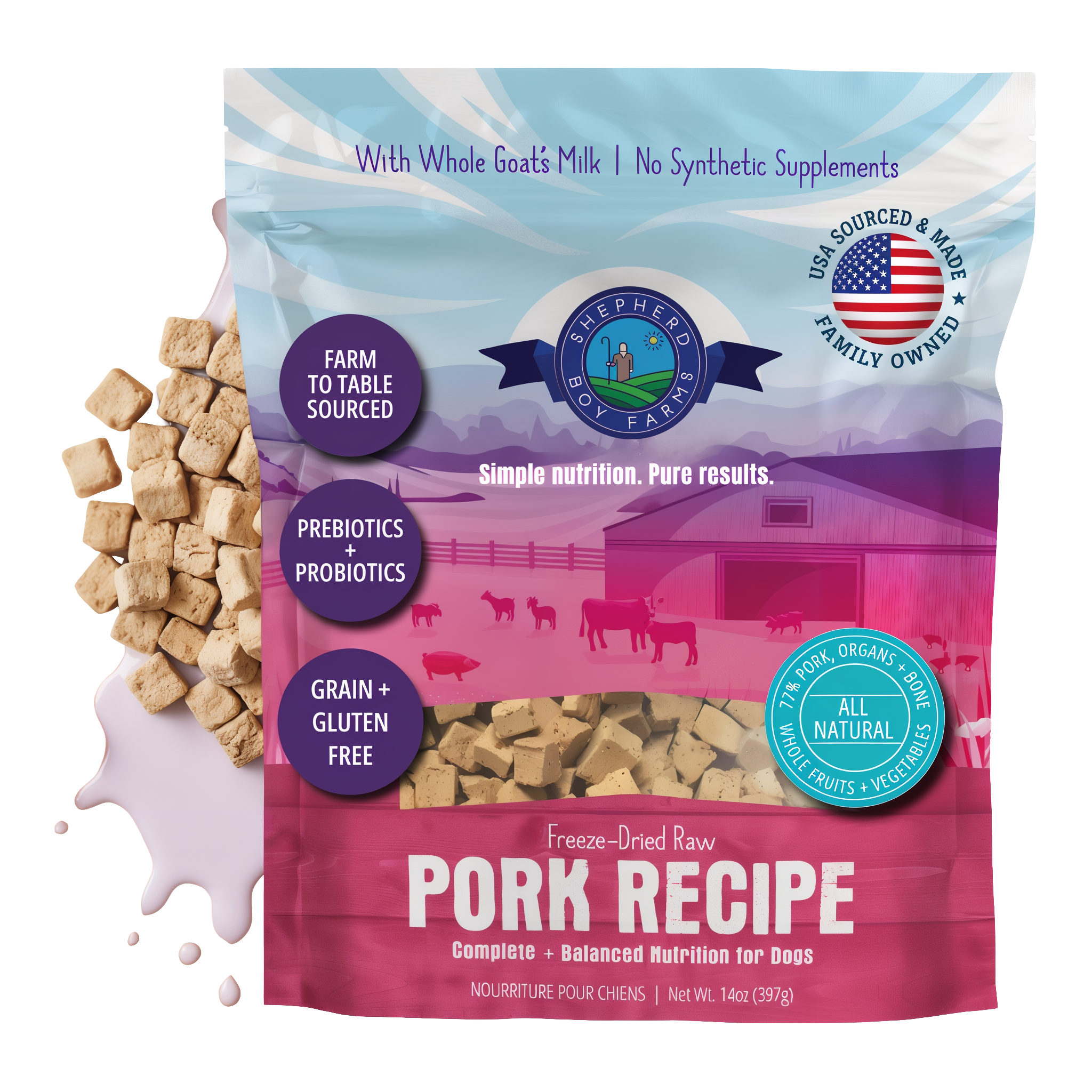 Shepherd Boy Farms Freeze-Dried Raw Pork Recipe Dog Food 14 oz bag with freeze-dried nuggets