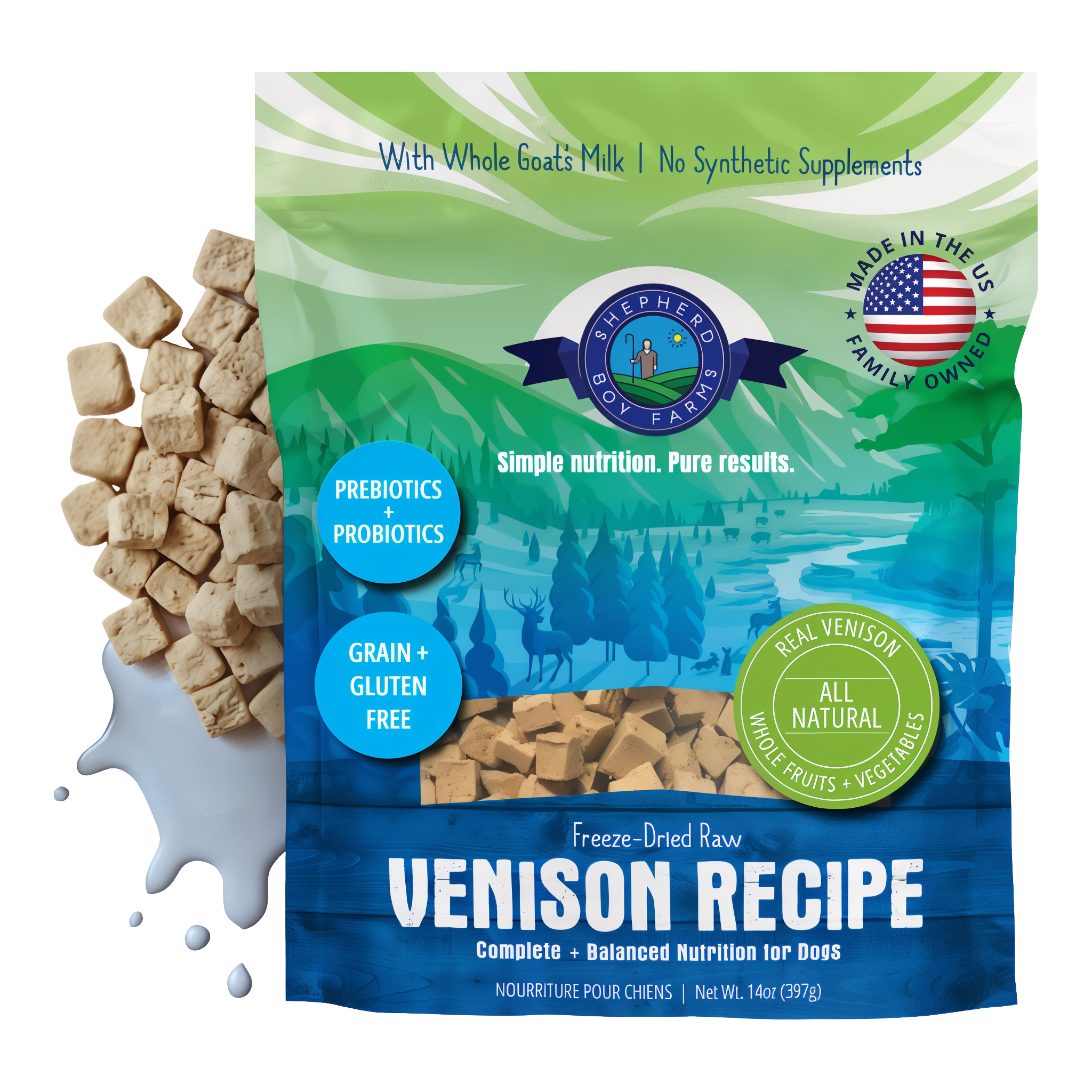 Shepherd Boy Farms Freeze-Dried Raw Venison Recipe Dog Food 14 oz bag with freeze-dried nuggets and goat's milk splash