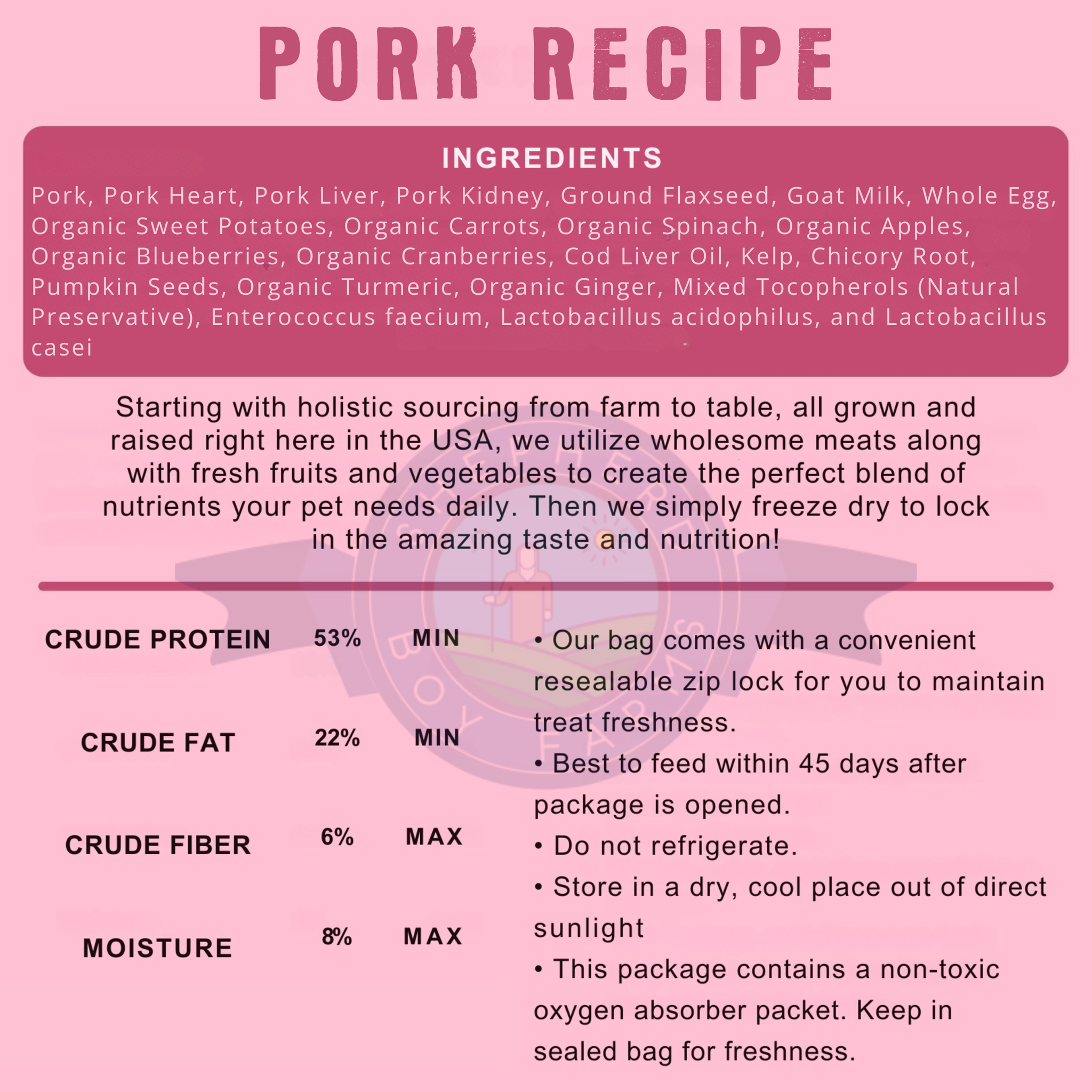 Pork Recipe ingredients list, guaranteed analysis, and storage tips