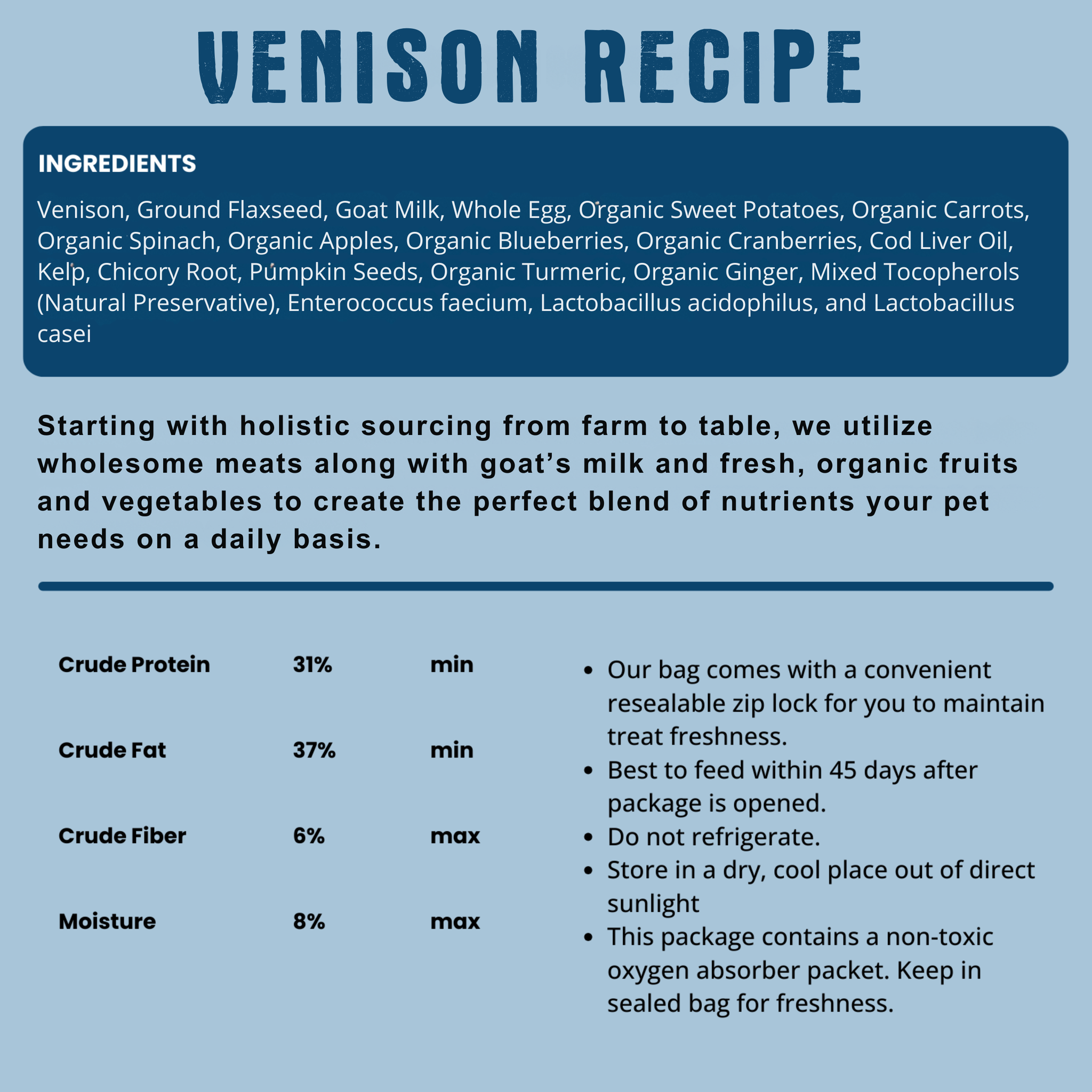 Venison Recipe ingredients list, guaranteed analysis, and storage tips