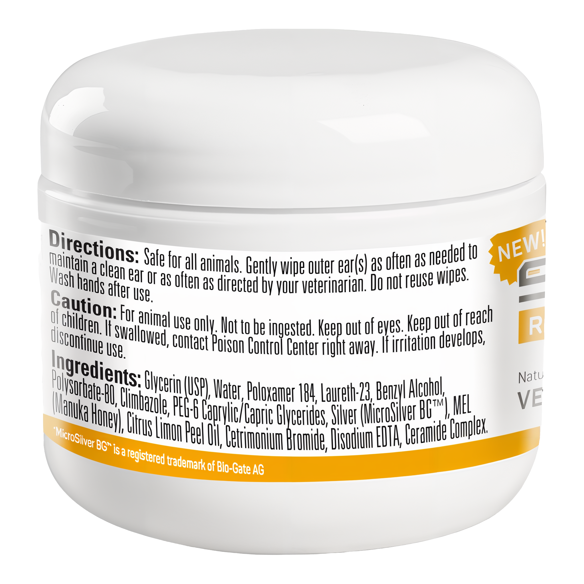 Silver Honey vet strength pet ear wipes, jar back