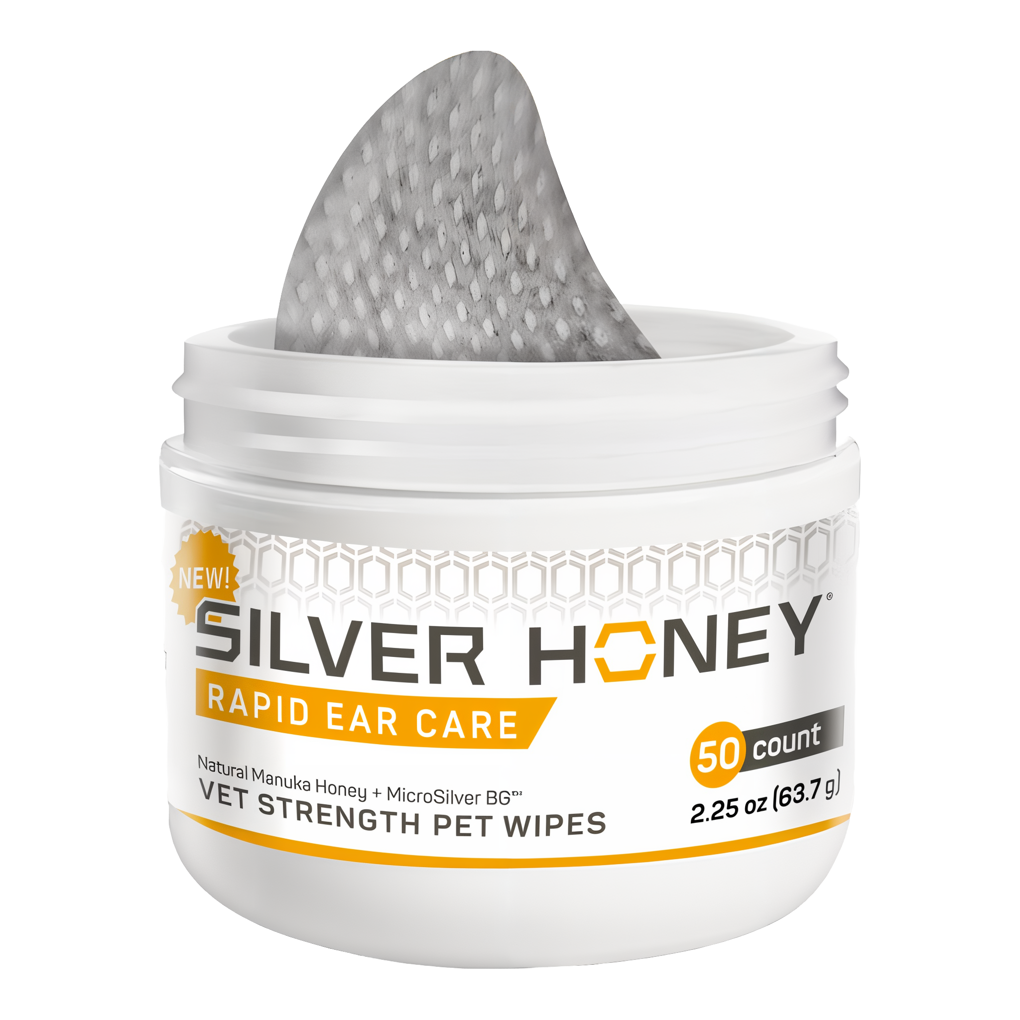 Silver Honey vet strength pet ear wipes, open jar with textured silver wipe