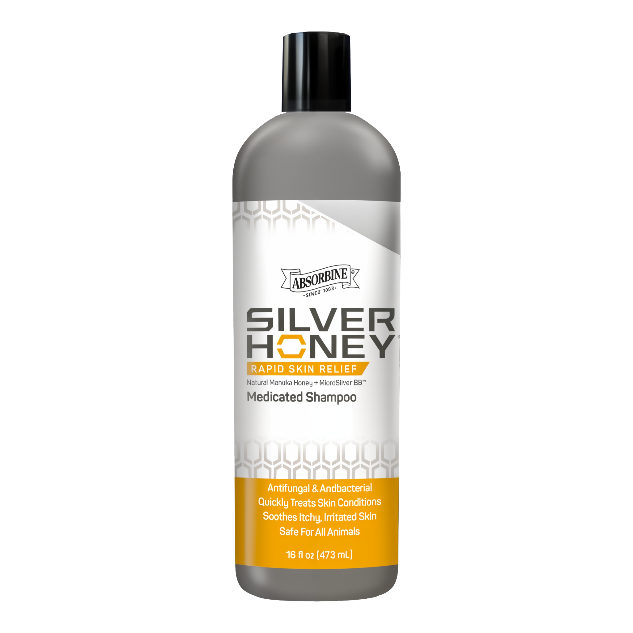 Silver Honey rapid skin relief medicated shampoo, 16 oz bottle front