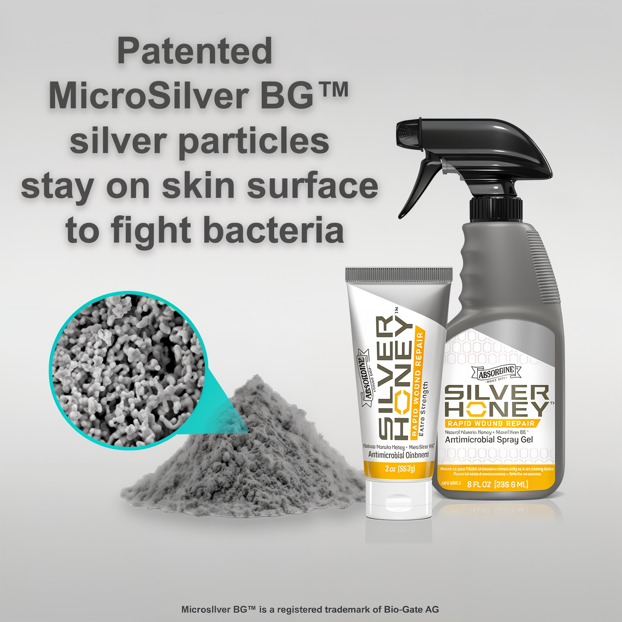 Patented MicroSilver BG silver particles stay on the skin surface to fight bacteria