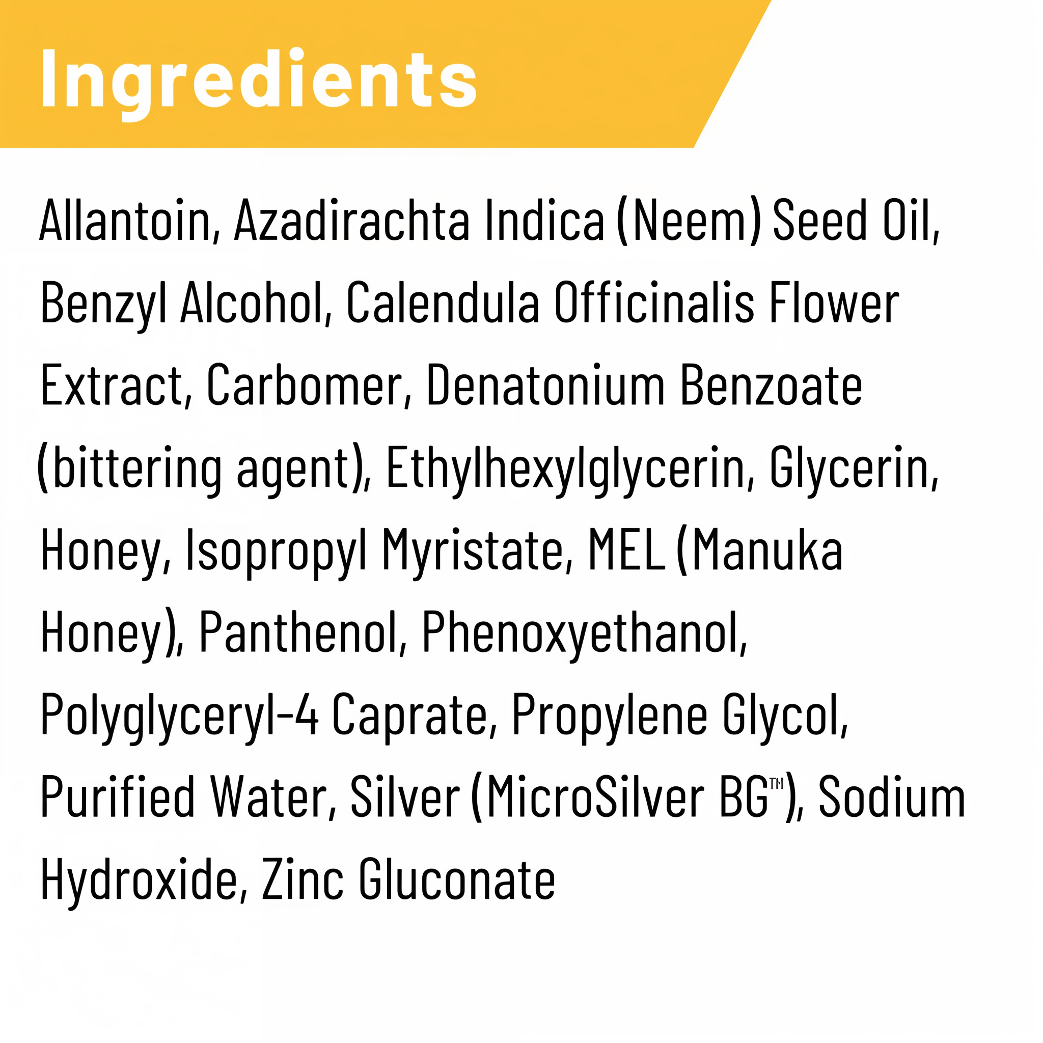 Silver Honey spray gel ingredients including Manuka Honey, MicroSilver BG, neem seed oil and allantoin