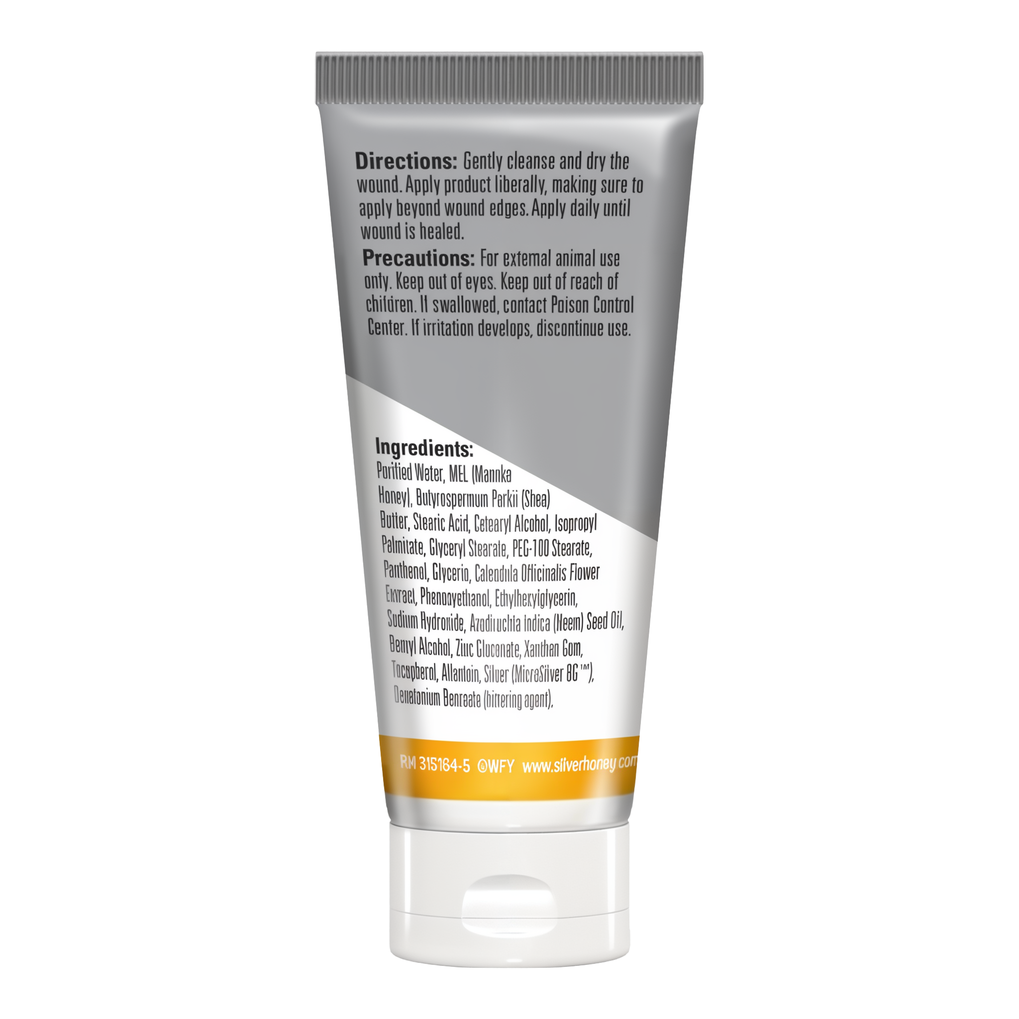Silver Honey rapid wound repair ointment, tube back with directions
