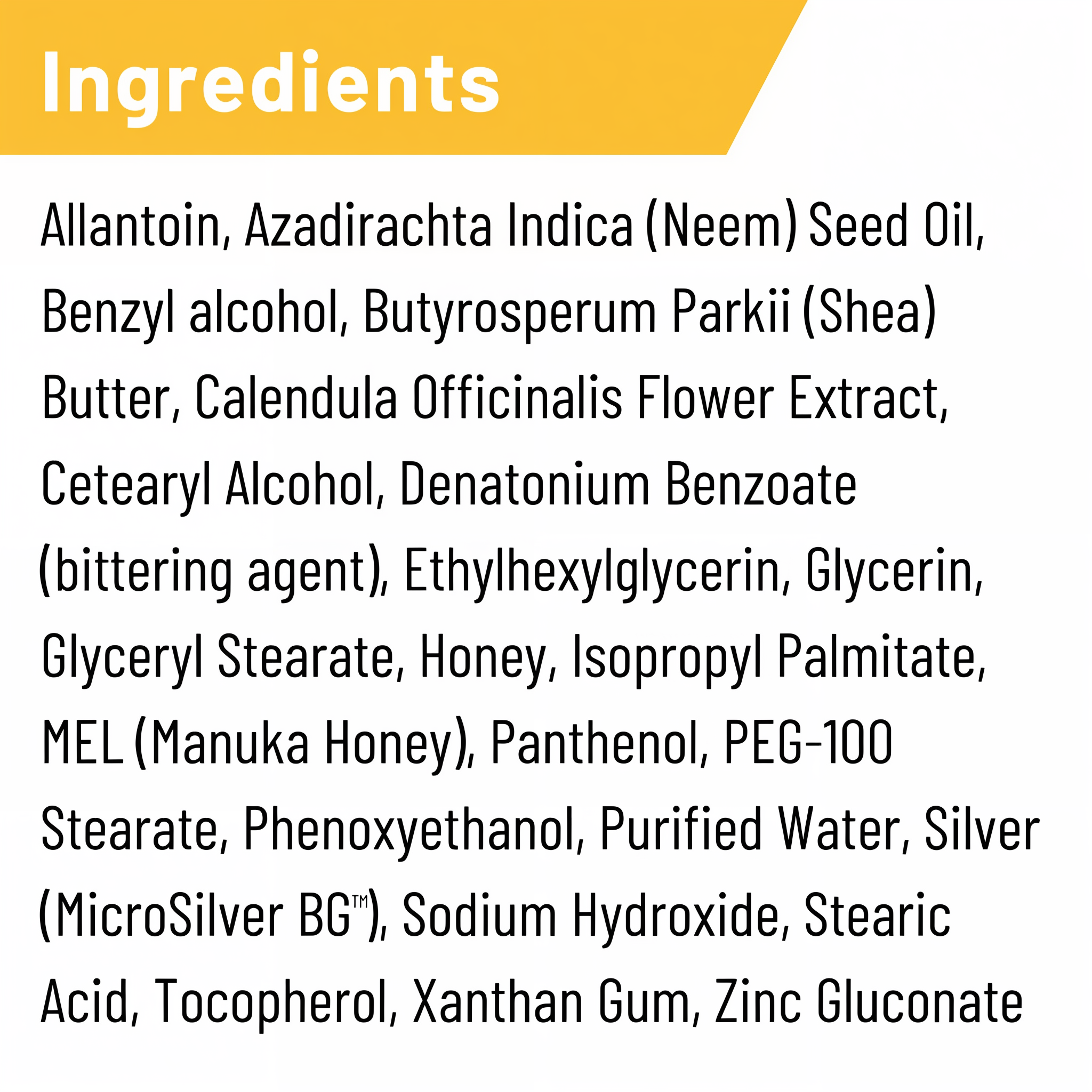 Silver Honey rapid wound repair ointment, ingredients list