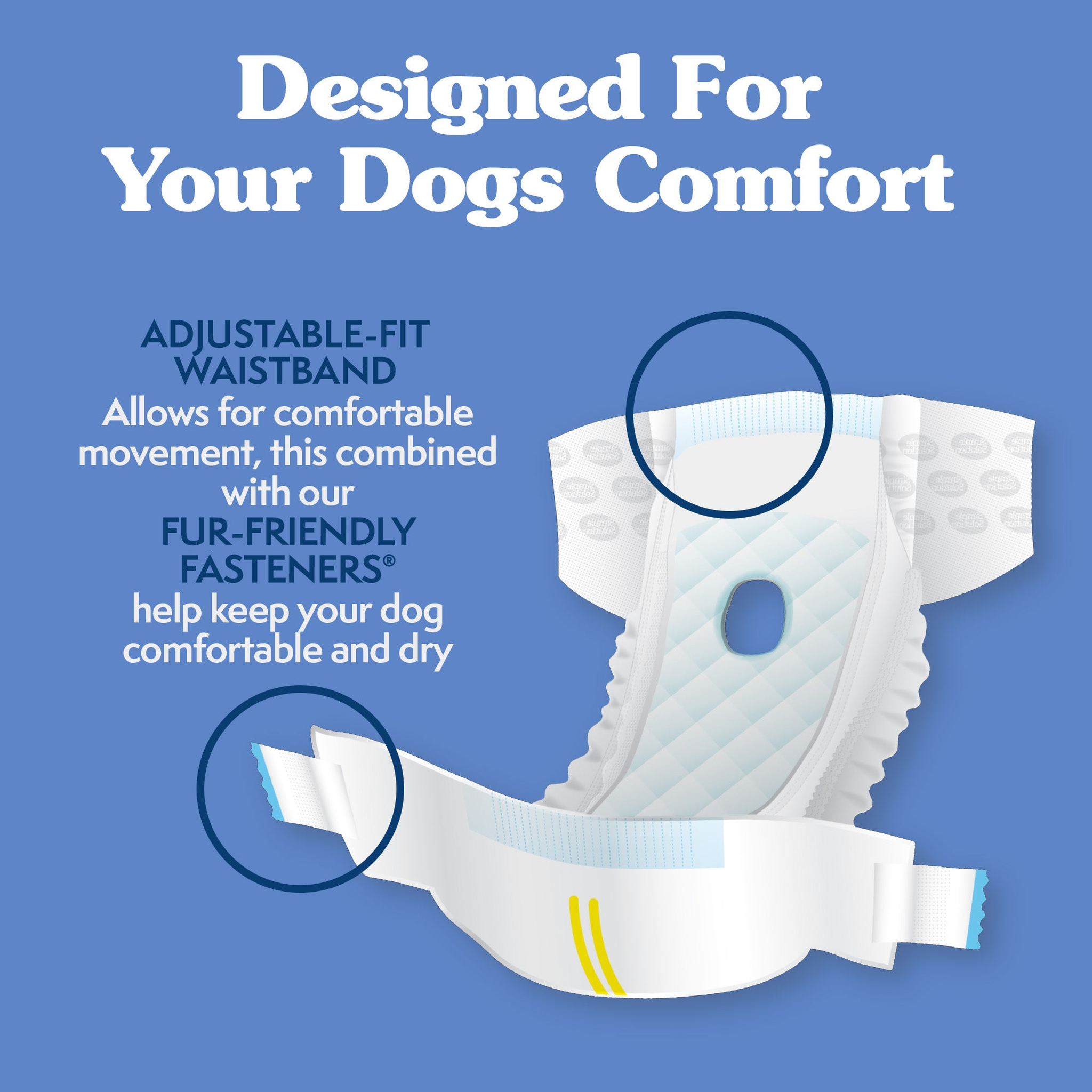Simple Solution Disposable Female Dog Diapers adjustable-fit waistband and Fur-Friendly Fasteners keep your dog comfortable and dry
