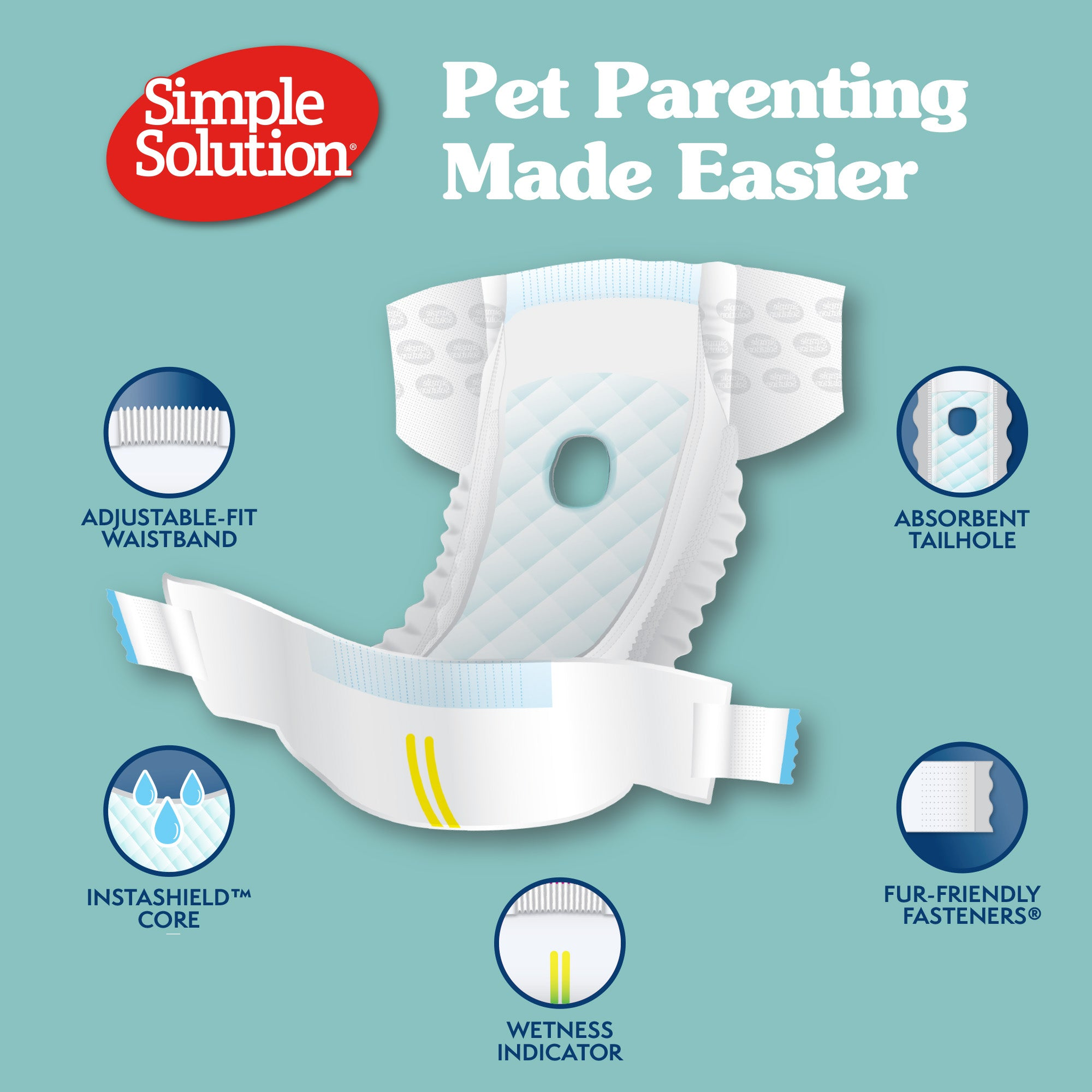 Simple Solution Disposable Female Dog Diapers features: adjustable-fit waistband, absorbent tail hole, InstaShield core, wetness indicator, Fur-Friendly Fasteners