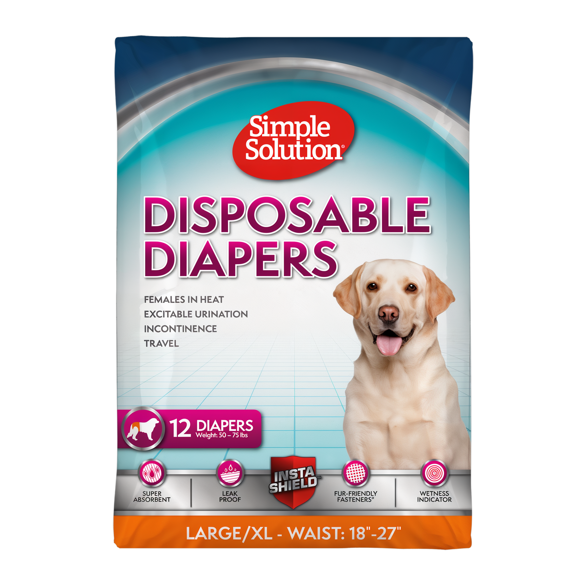 Simple Solution Disposable Female Dog Diapers Large/XL 12 count bag, waist 18-27 in