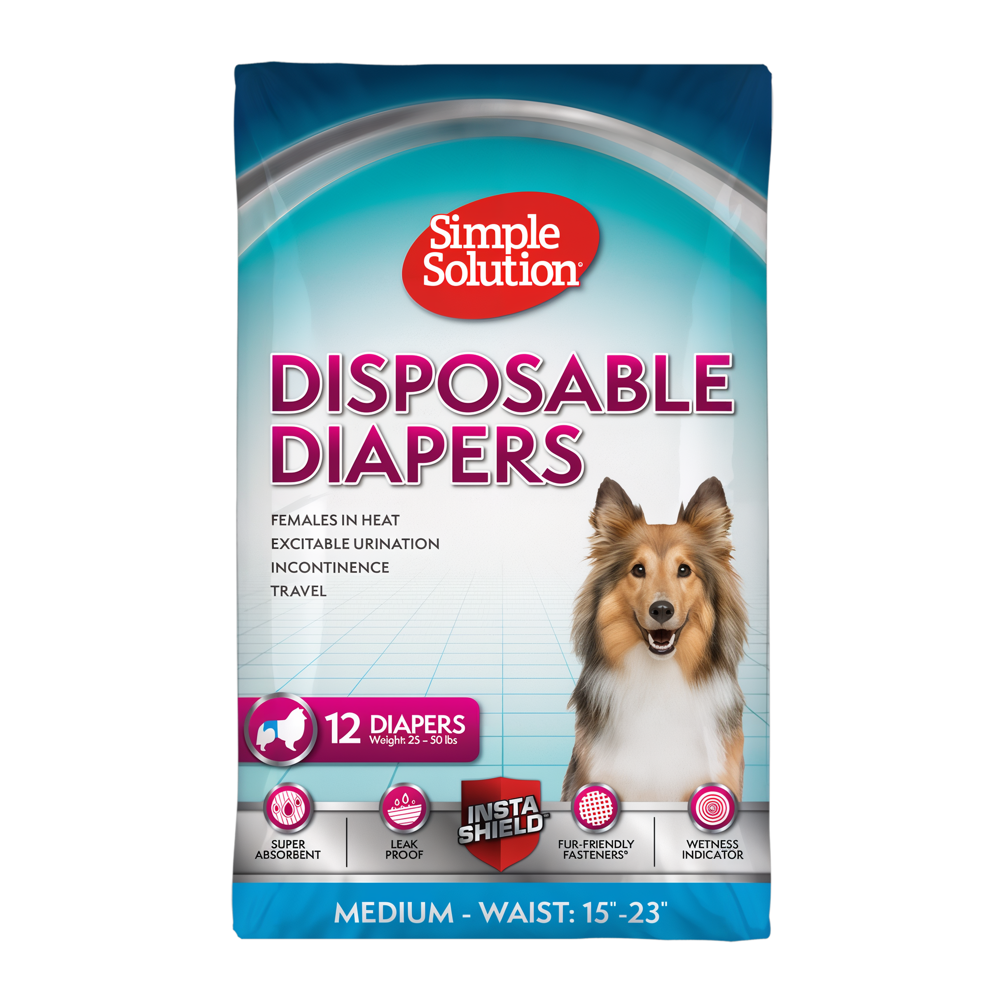 Simple Solution Disposable Female Dog Diapers Medium 12 count bag, waist 15-23 in