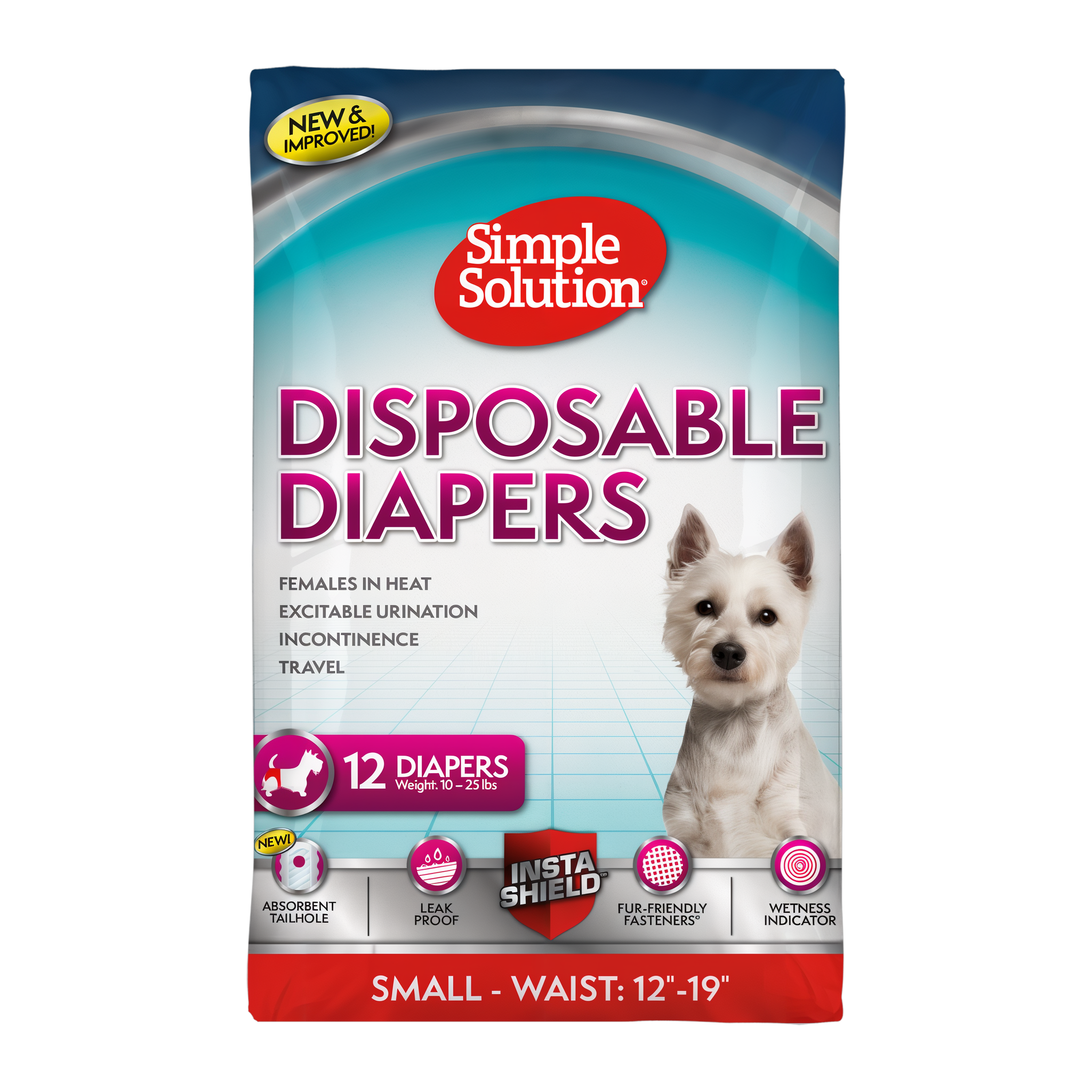 Simple Solution Disposable Female Dog Diapers Small 12 count bag, waist 12-19 in