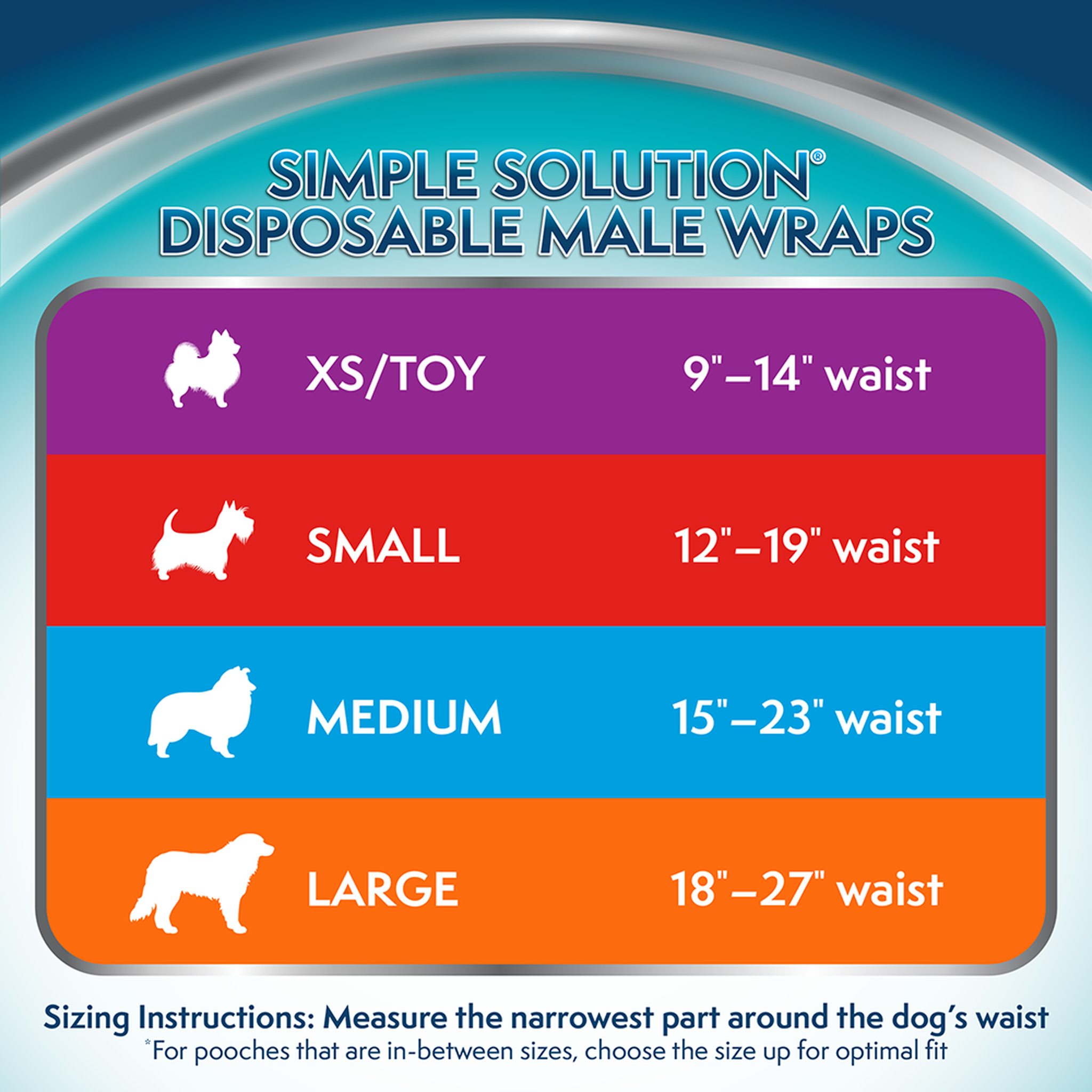 Simple Solution Disposable Male Dog Wraps size chart: XS/Toy 9-14 in, Small 12-19 in, Medium 15-23 in, Large 18-27 in waist
