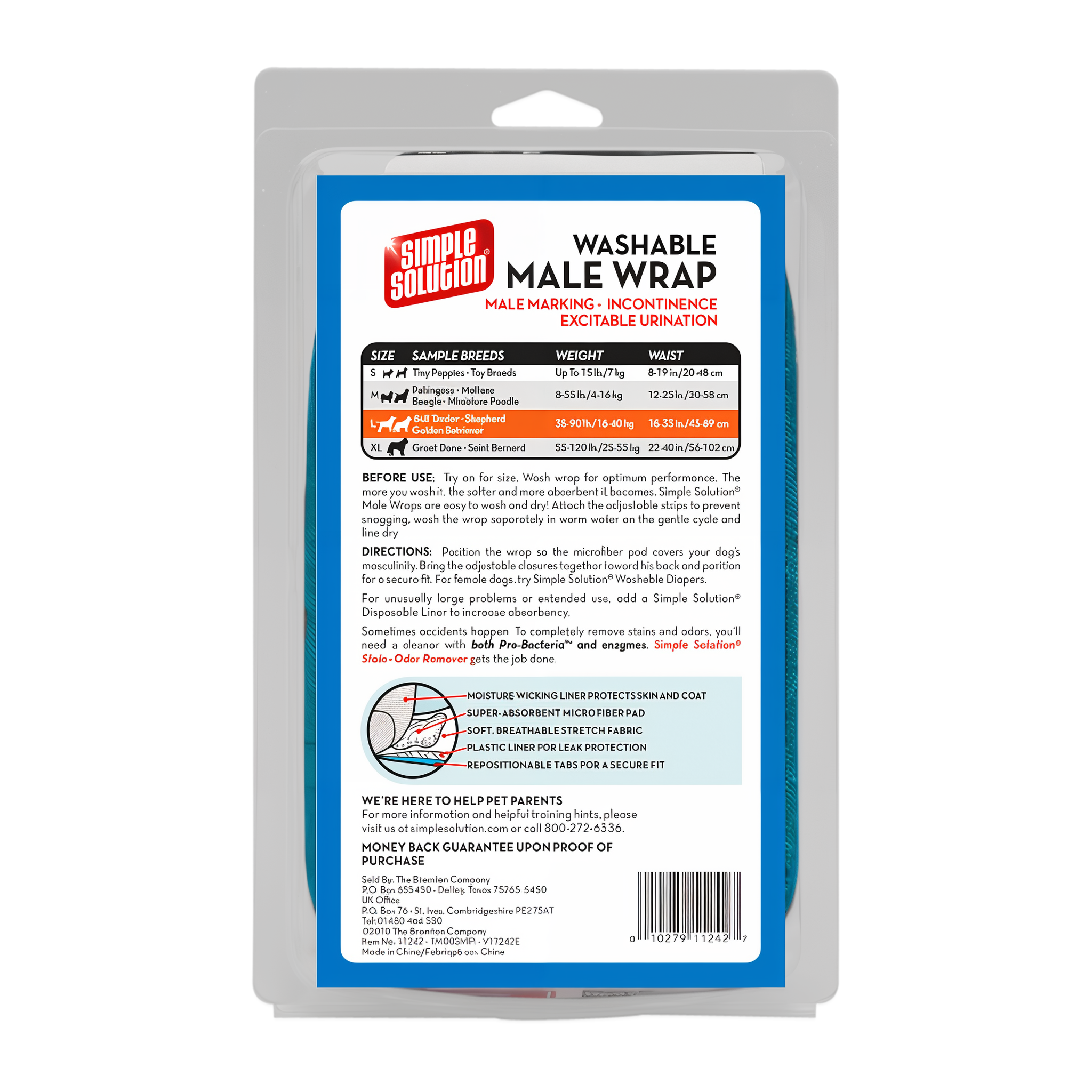 Simple Solution Washable Male Wrap Large package back with sizing and care instructions