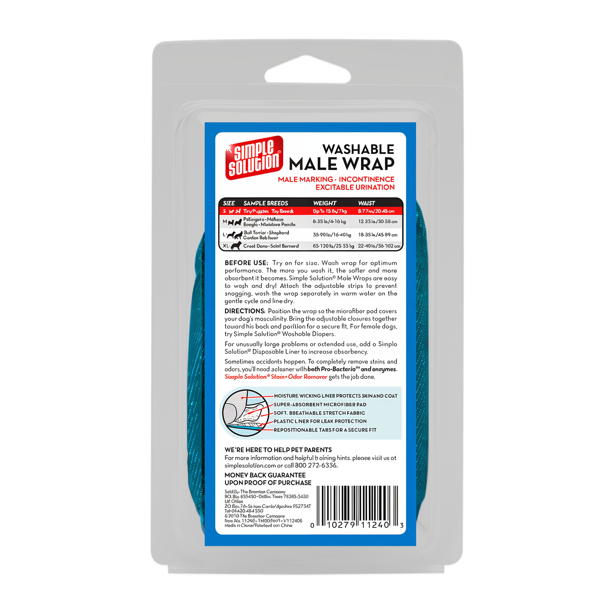 Simple Solution Washable Male Wrap Small package back with sizing and care instructions
