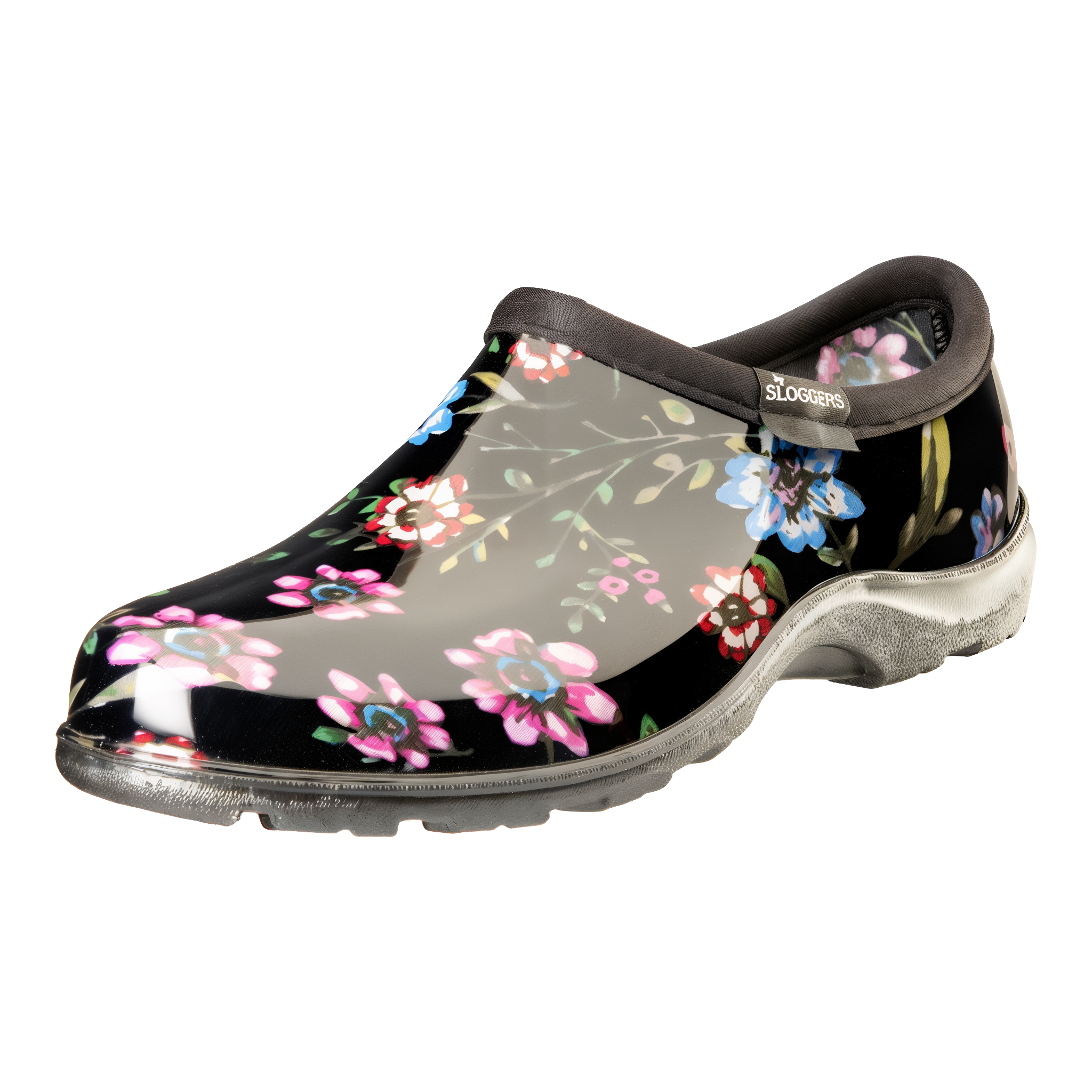 Sloggers Women's Original Garden Shoe in Ditsy Spring Black, waterproof slip-on with small scattered floral print on a black ground