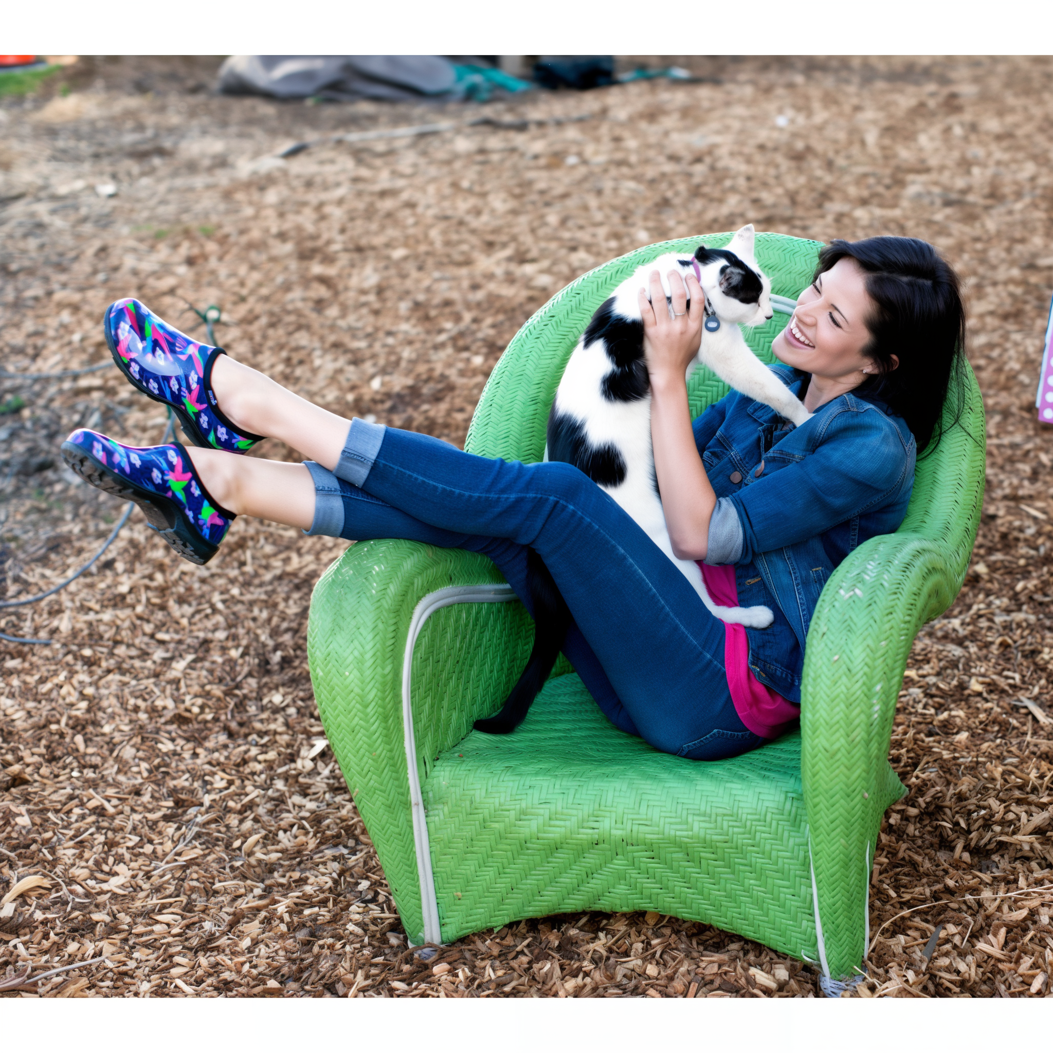 Sloggers Hummingbird Blue-Pink garden shoes shown on a gardener stepping through a backyard