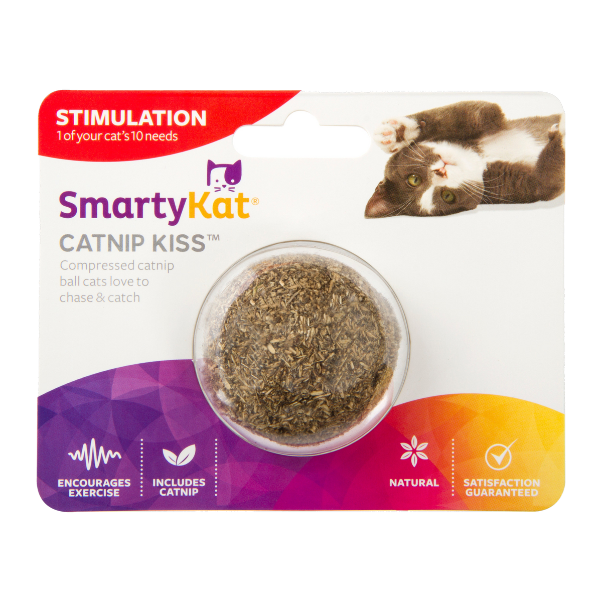 SmartyKat Catnip Kiss compressed catnip ball cat toy in retail packaging