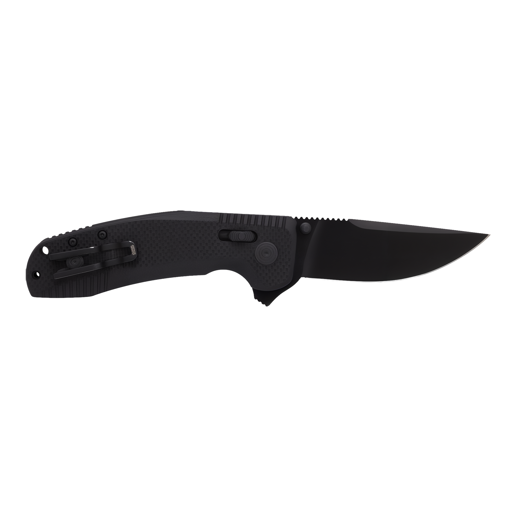 SOG-TAC XR Blackout folding knife closed showing reversible deep-carry stainless pocket clip on black G10 handle