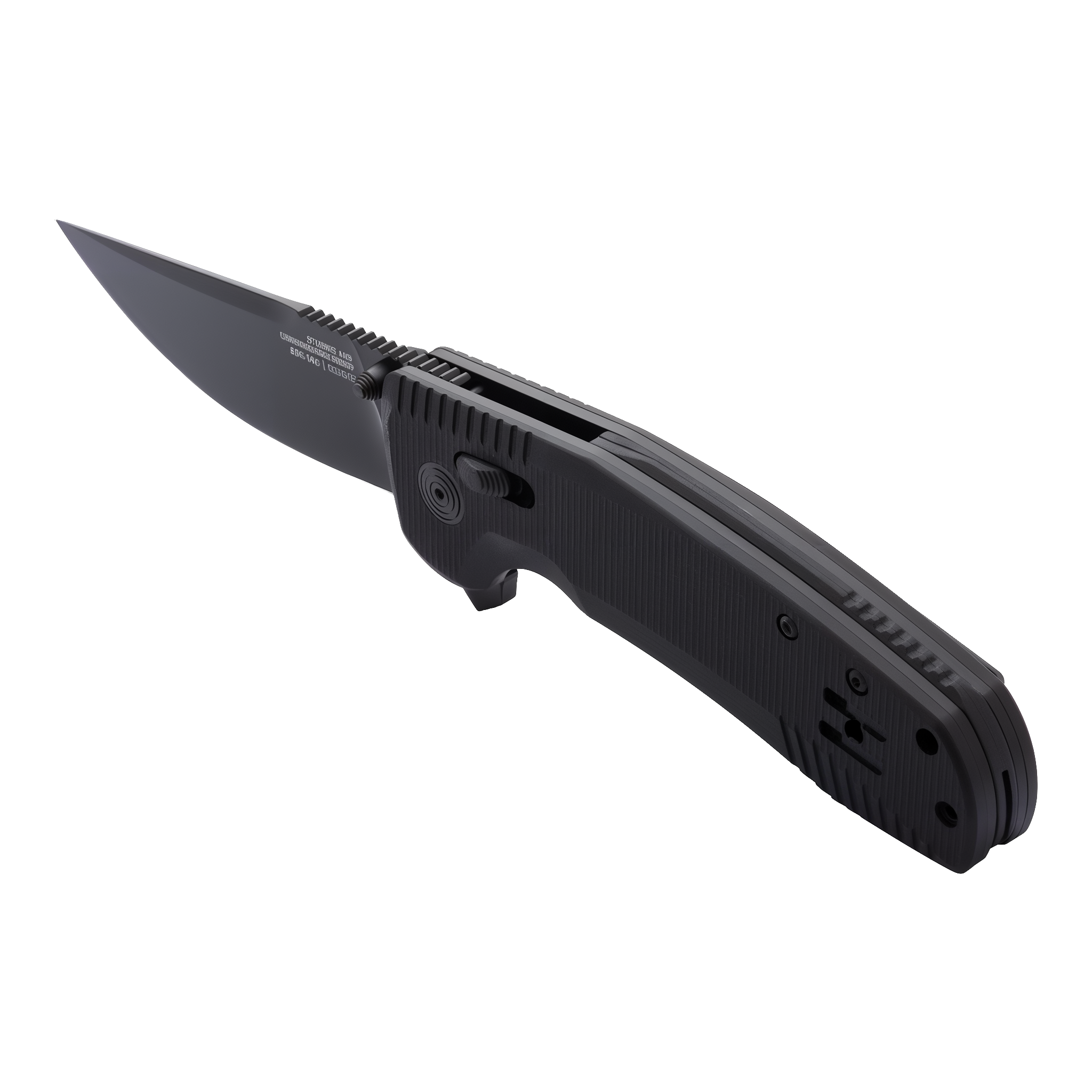 SOG-TAC XR Blackout folding knife open three-quarter rear view showing XR Lock release, flipper, and Studies and Observations Group blade engraving