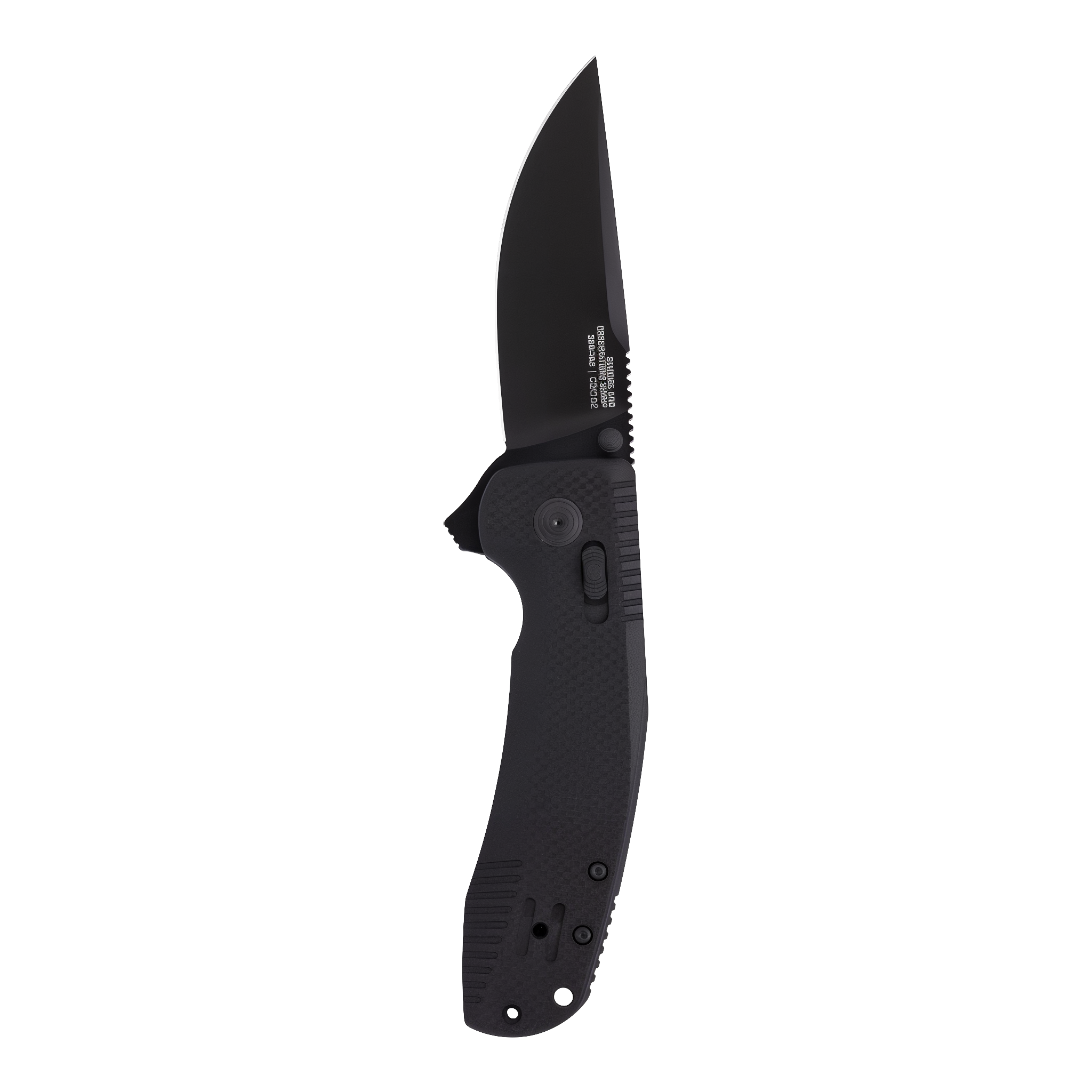 SOG-TAC XR Blackout folding knife open vertical view with 3.4 inch cryo D2 clip-point blade and carbon-fiber-textured black G10 handle