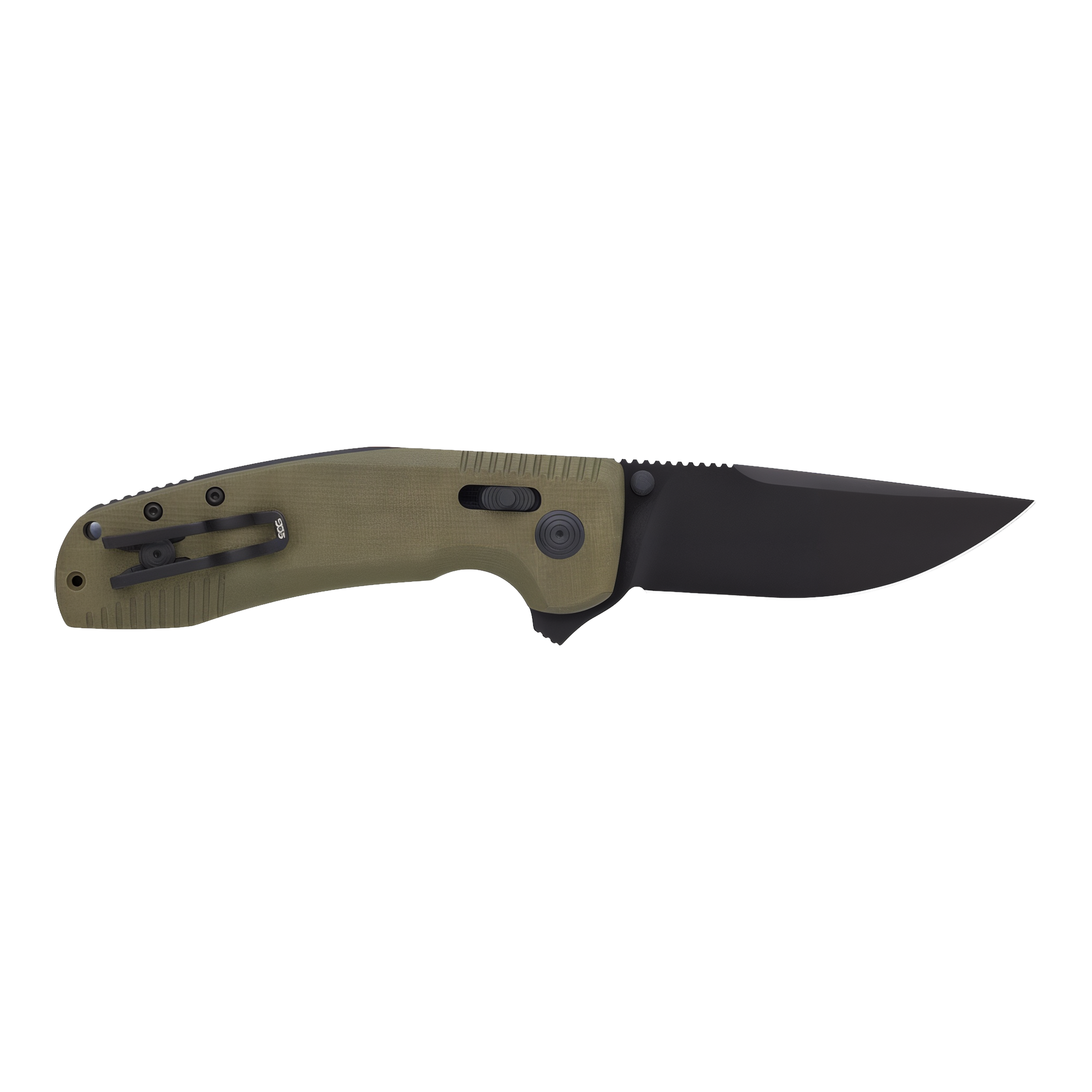 SOG-TAC XR OD Green folding knife closed showing reversible deep-carry stainless pocket clip on olive-drab G10 handle