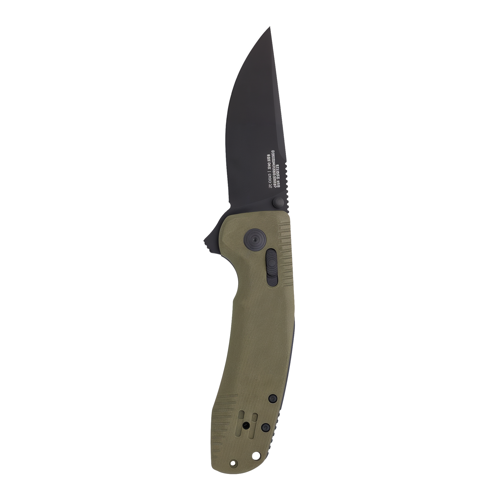 SOG-TAC XR OD Green folding knife open vertical view with 3.4 inch cryo D2 clip-point blade and olive-drab green textured G10 handle