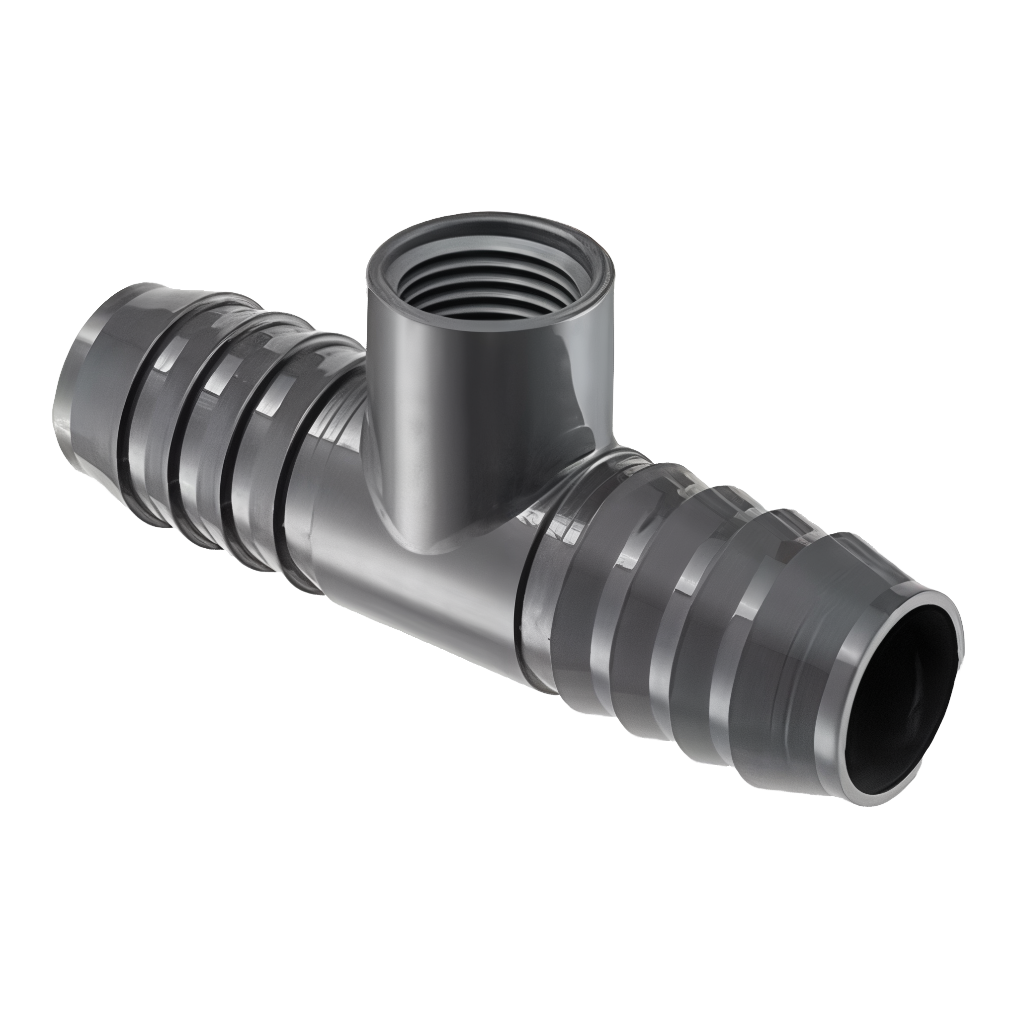 Spears 1402-130 1 inch by 1 inch by 1/2 inch PVC reducing tee with two barbed insert run ends and a 1/2 inch female NPT threaded branch port on top, dark-grey UV-stable PVC body with retention ribs on both run ends