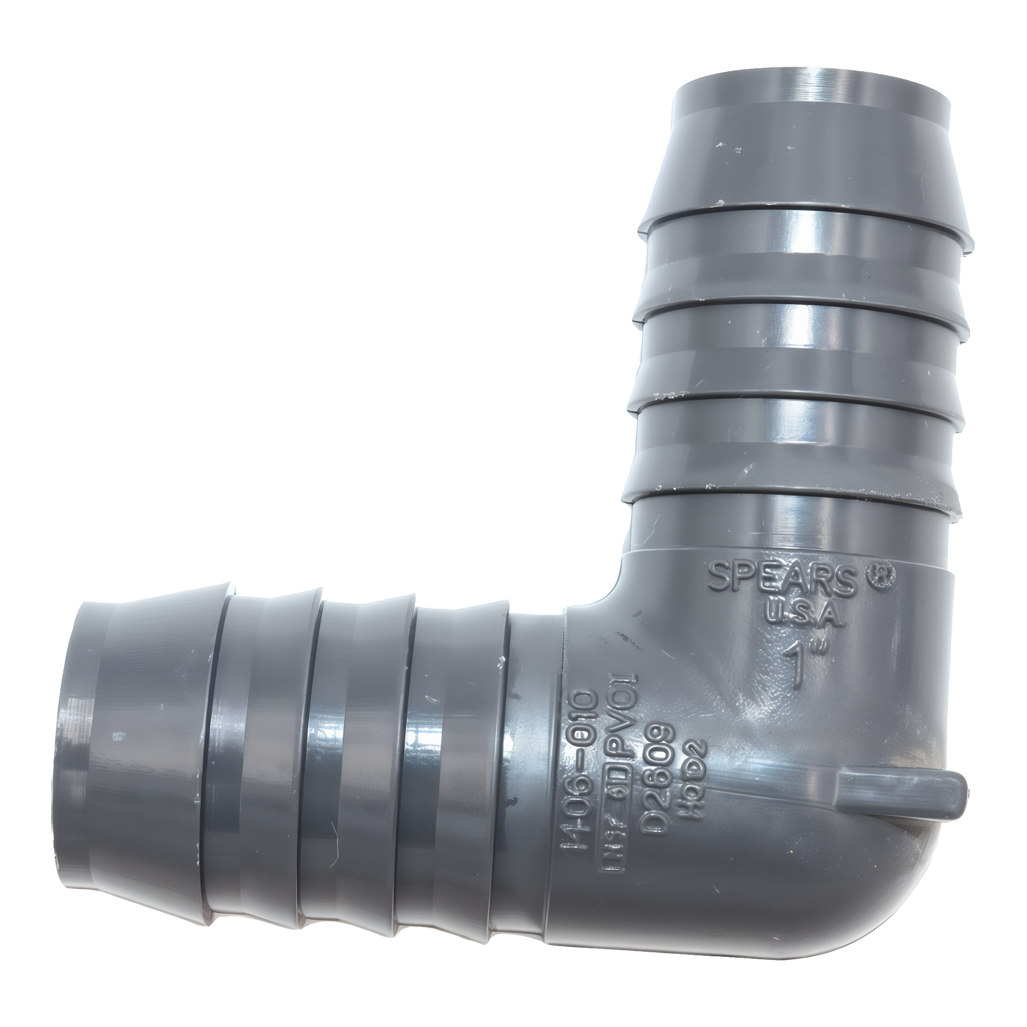 Spears 1406-010 1 inch PVC 90-degree insert elbow with two barbed insert ends showing molded retention ribs and embossed SPEARS USA 1 inch 1406-010 NSF-pw markings, dark-grey UV-stable PVC body