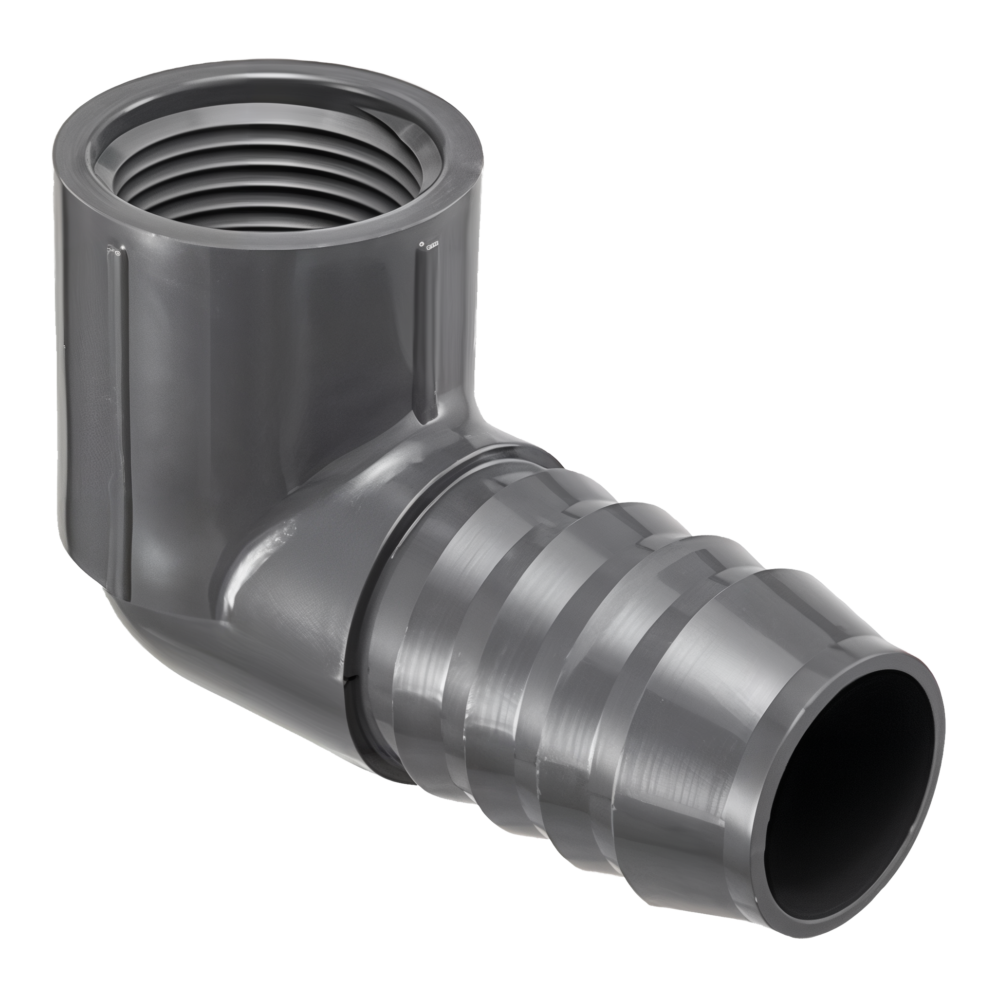 Spears 1407 series PVC reducing 90-degree elbow with female NPT threaded port on top and barbed insert end on the side showing four retention ribs, dark-grey UV-stable PVC body