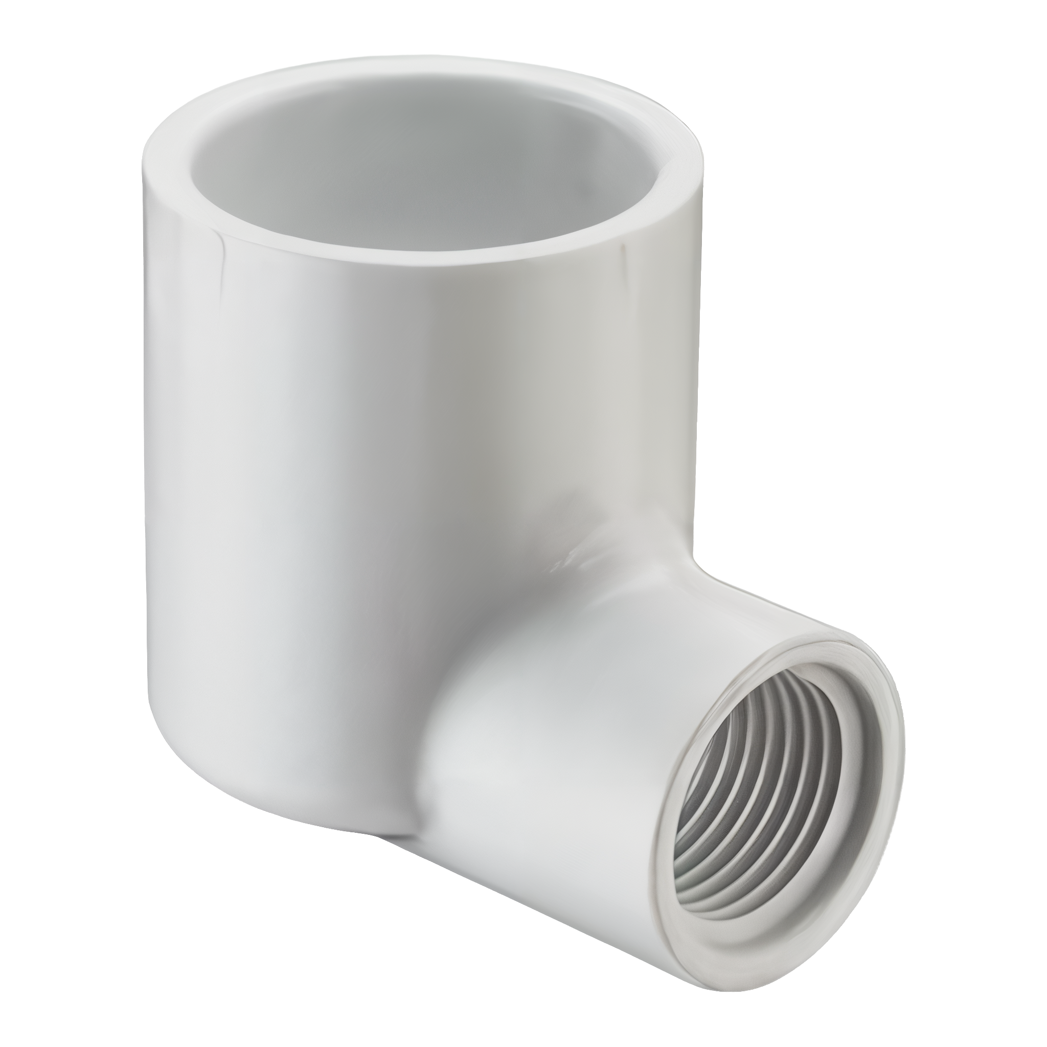 Spears 407 series PVC reducing 90-degree elbow with large solvent-weld socket end on top and smaller female NPT threaded port on the side, white schedule 40 molded body