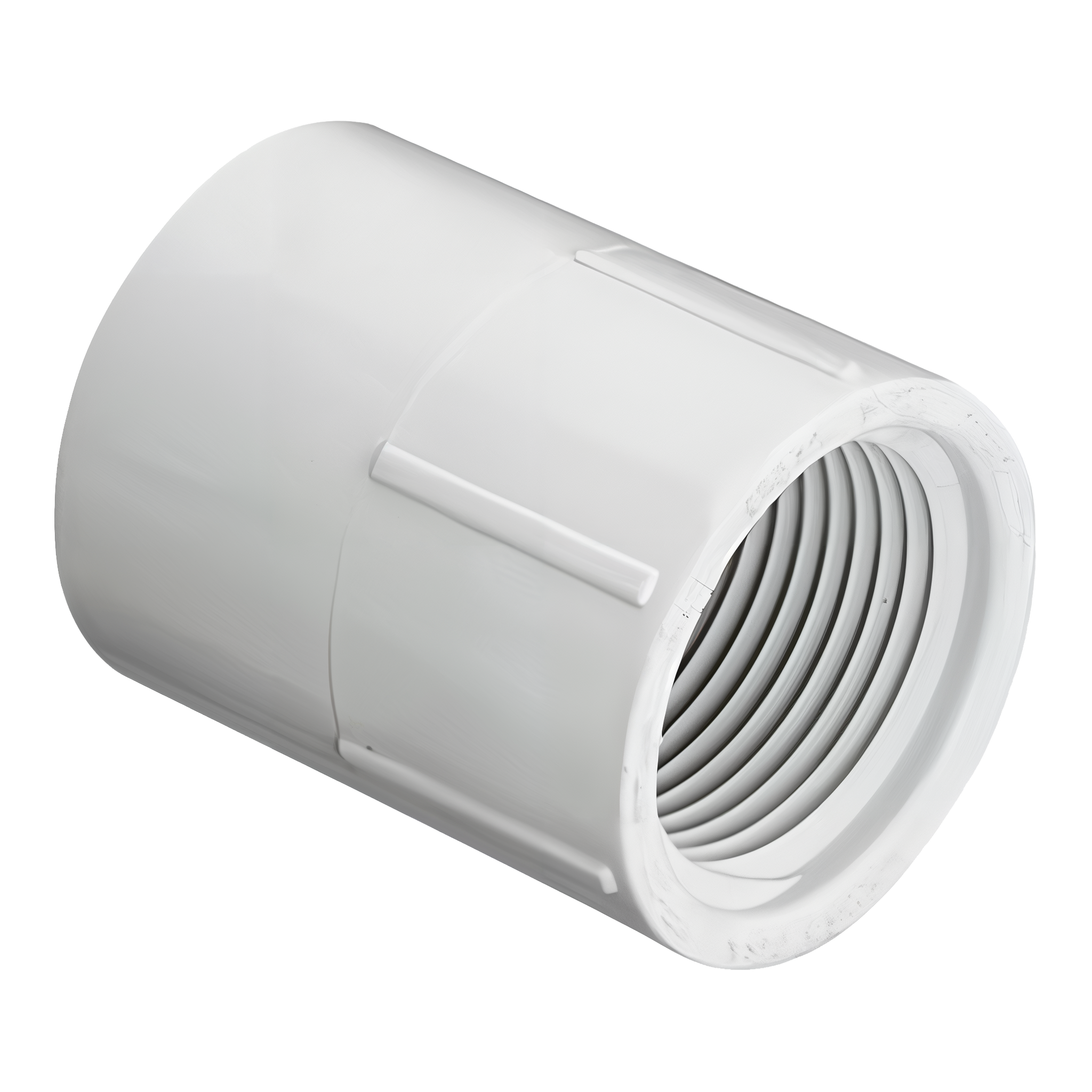 Spears 435-007 3/4 inch PVC female adapter side view showing solvent-weld socket on one end and female NPT threaded port on the other, molded white schedule 40 body with visible mold seam line