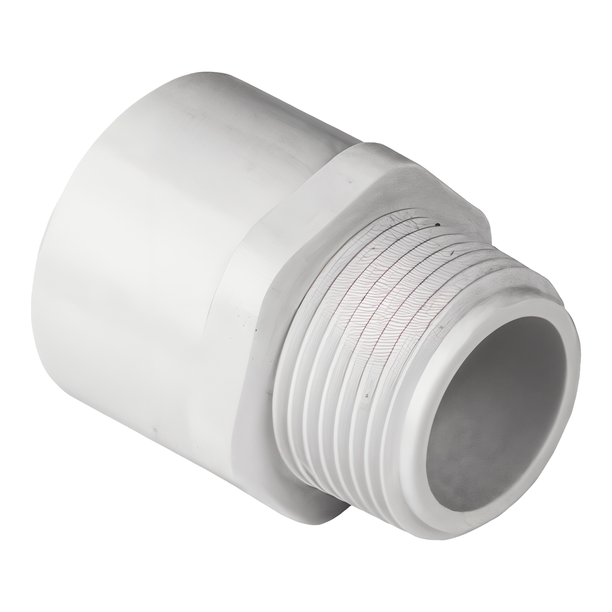 Spears 436 series PVC male adapter showing male NPT threaded end and solvent-weld socket end on white background