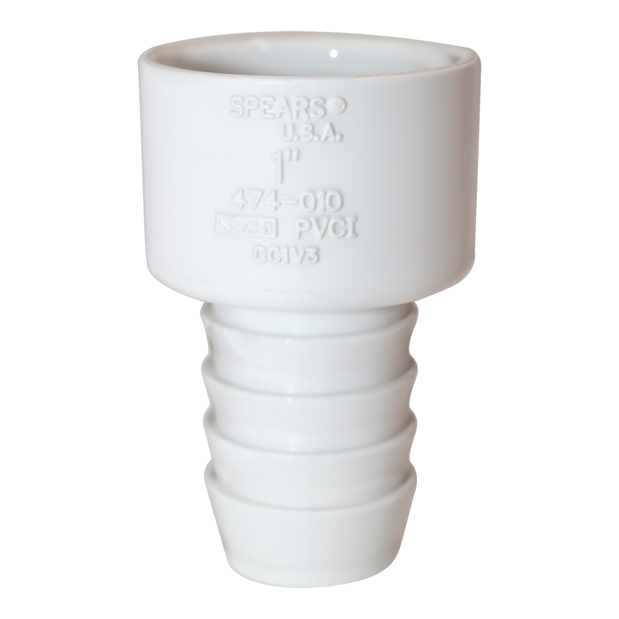 Spears 474-010 1 inch PVC insert adapter side view showing molded SPEARS USA 1 inch 474-010 PVCI NSF-pw markings and three barbed retention ribs on the insert end