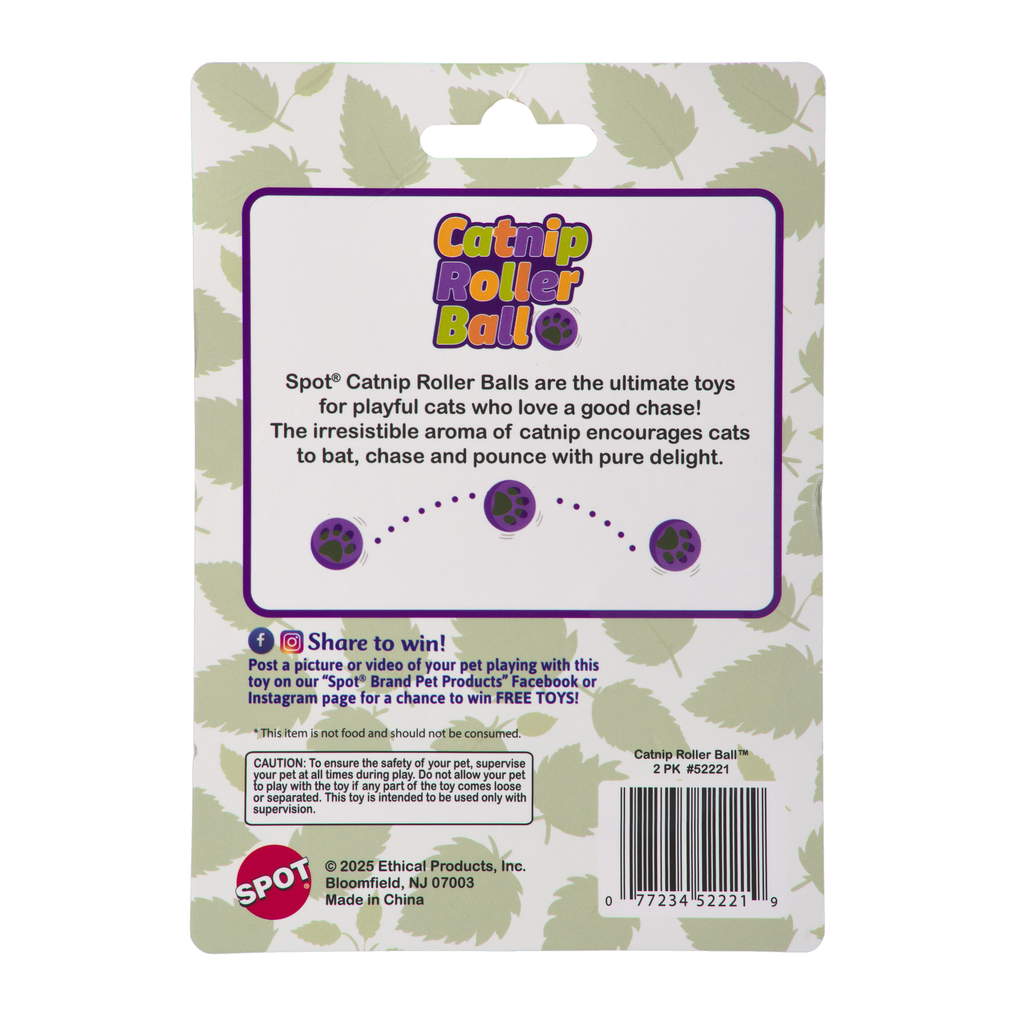 Spot Catnip Roller Ball 2 pack package back with product description and caution information