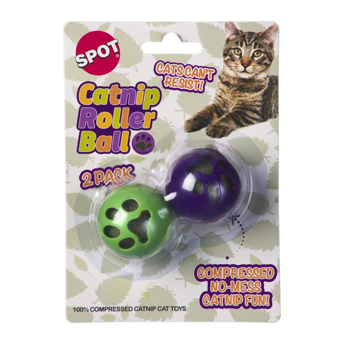 Spot Catnip Roller Ball 2 pack retail card front with green and purple paw print roller balls
