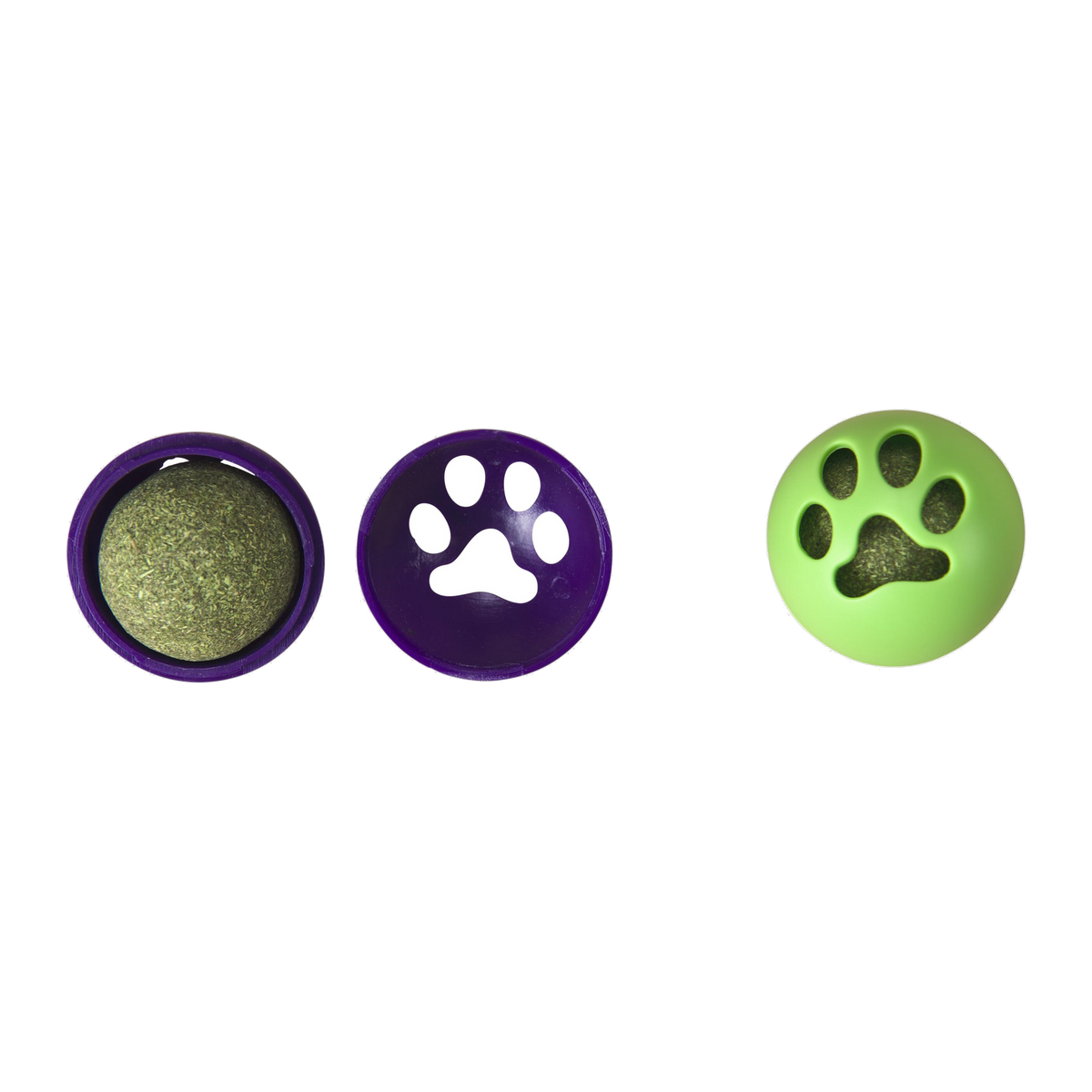 Spot Catnip Roller Ball open purple shell with compressed catnip ball and assembled green paw print roller ball