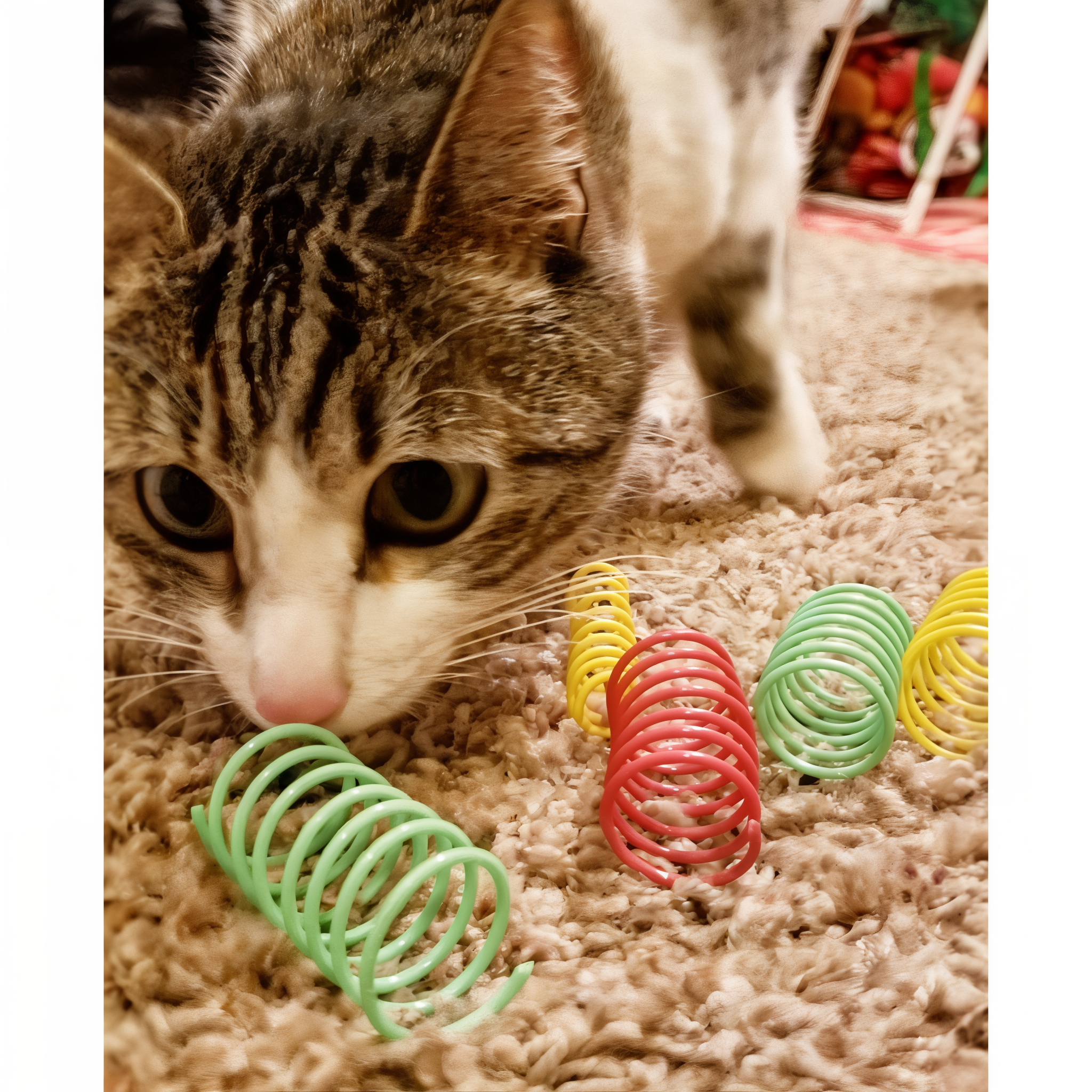 Cat playing with Spot Colorful Springs cat toys on carpet