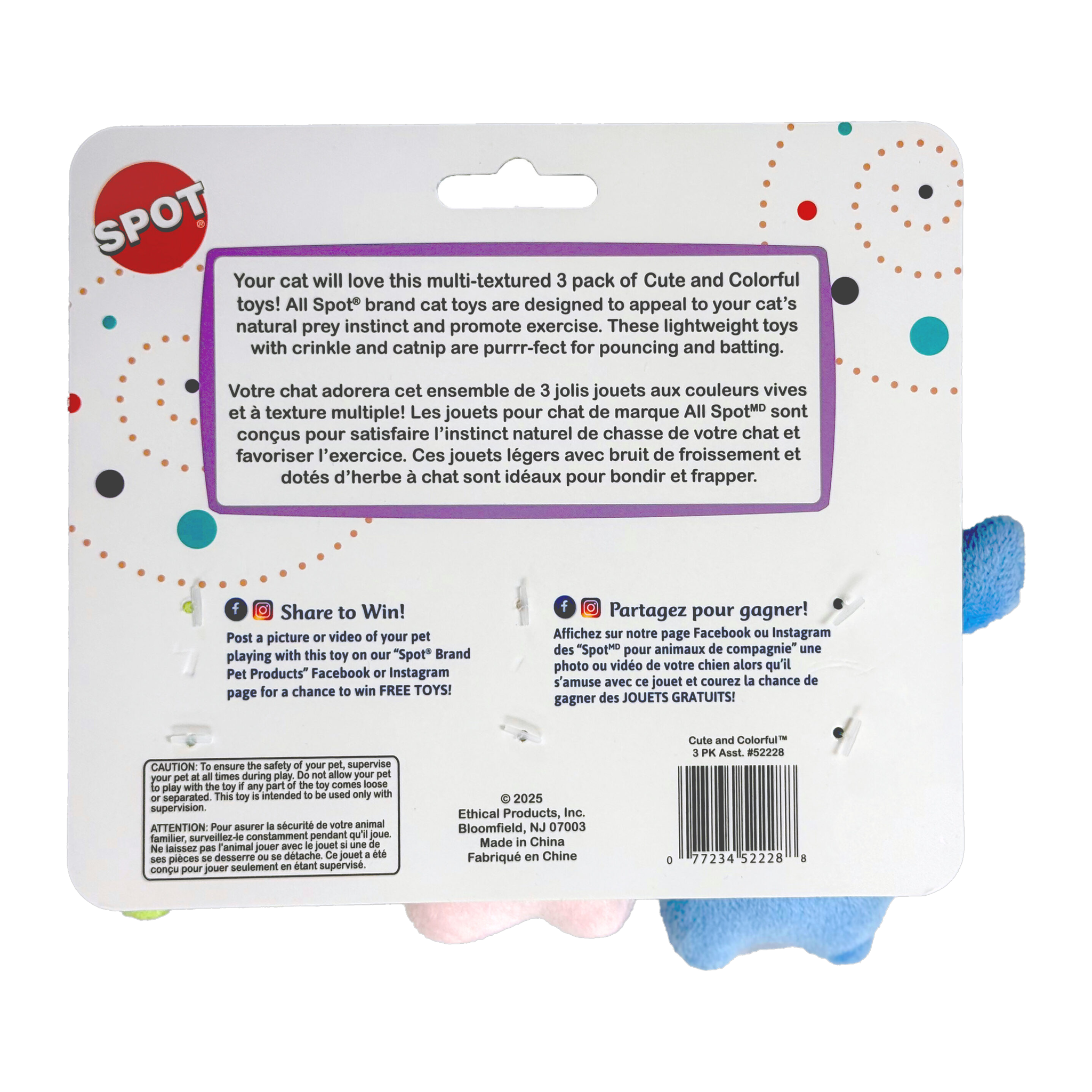 Spot Cute and Colorful catnip cat toys 3 pack package back with product description and caution information