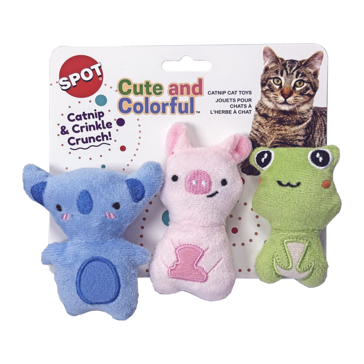Spot Cute and Colorful catnip cat toys 3 pack retail card front with koala pig and frog plush toys