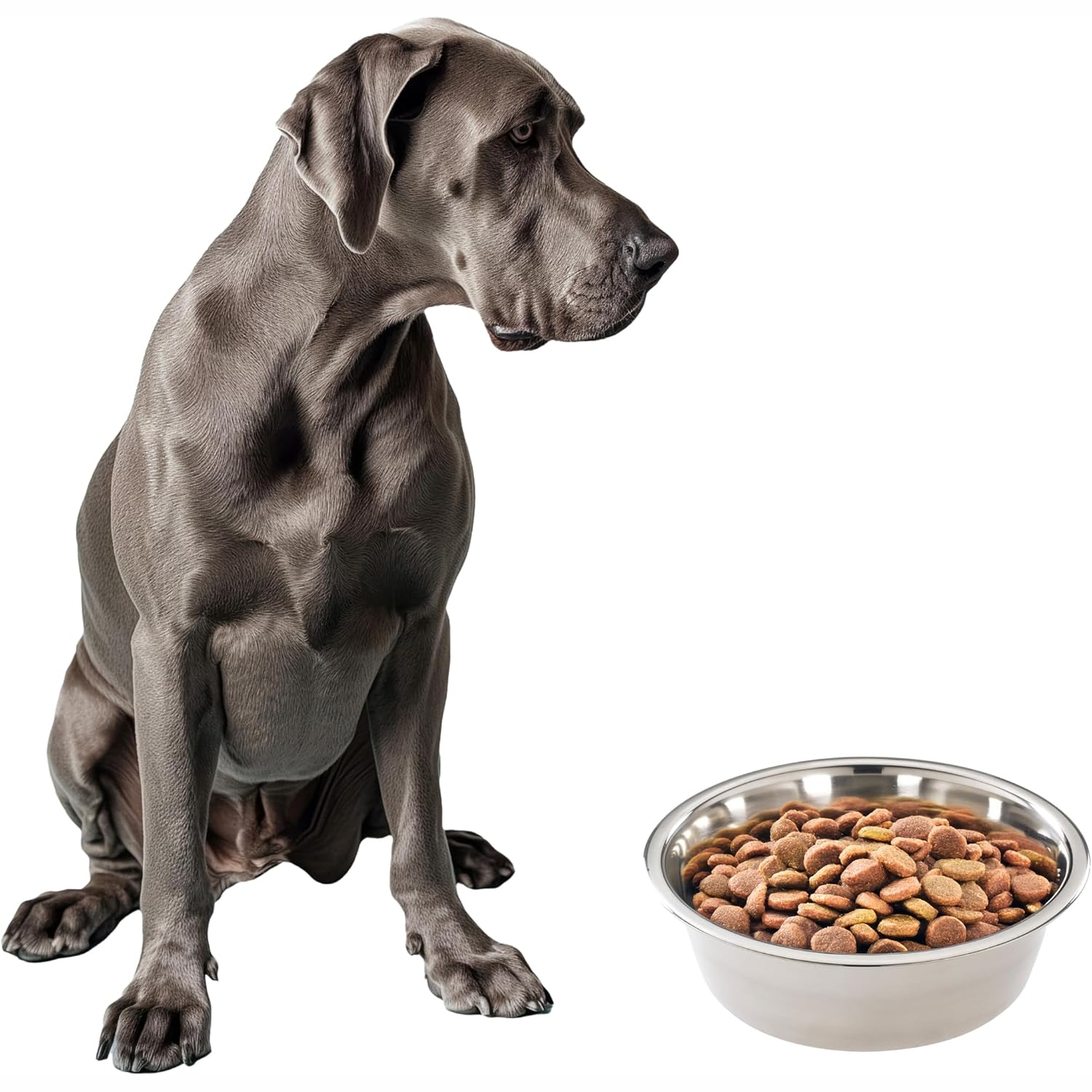 Great Dane beside a Spot Diner Time Stainless Steel Pet Dish 5 Quart filled with kibble