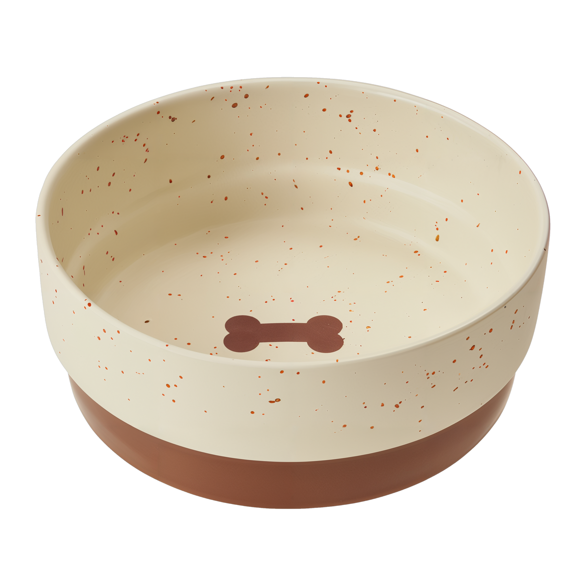 Spot Sedona Dog Dish 7 in, speckled stoneware with Chestnut Brown band and bone accent