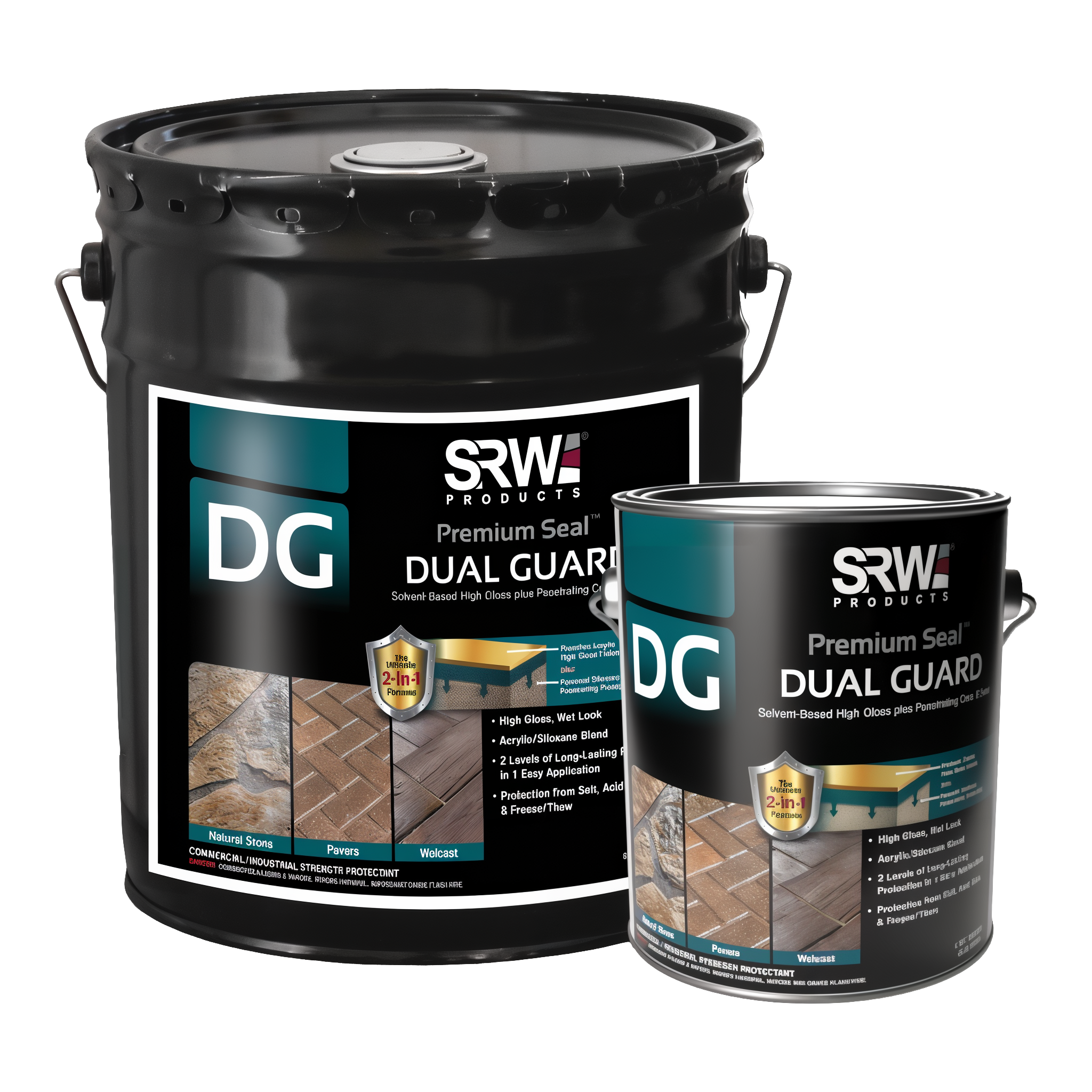 SRW Products DG Dual Guard Premium Paver Sealer — solvent-based 2-in-1 acrylic/siloxane cure-and-seal, 1-gallon jug